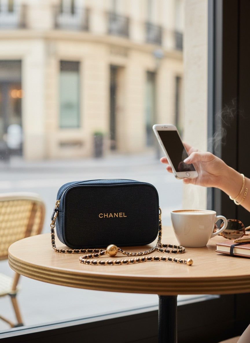 Chanel handbag on a table with a person using a phone in a blurred cafe setting. Chanel, Monza Outlet, Monza Fashion, Shein Outlet 