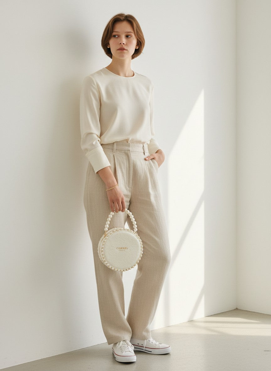 Person wearing a white outfit holding a round handbag in a minimalistic setting. Chanel, Monza Outlet, Monza Fashion, Shein Outlet 
