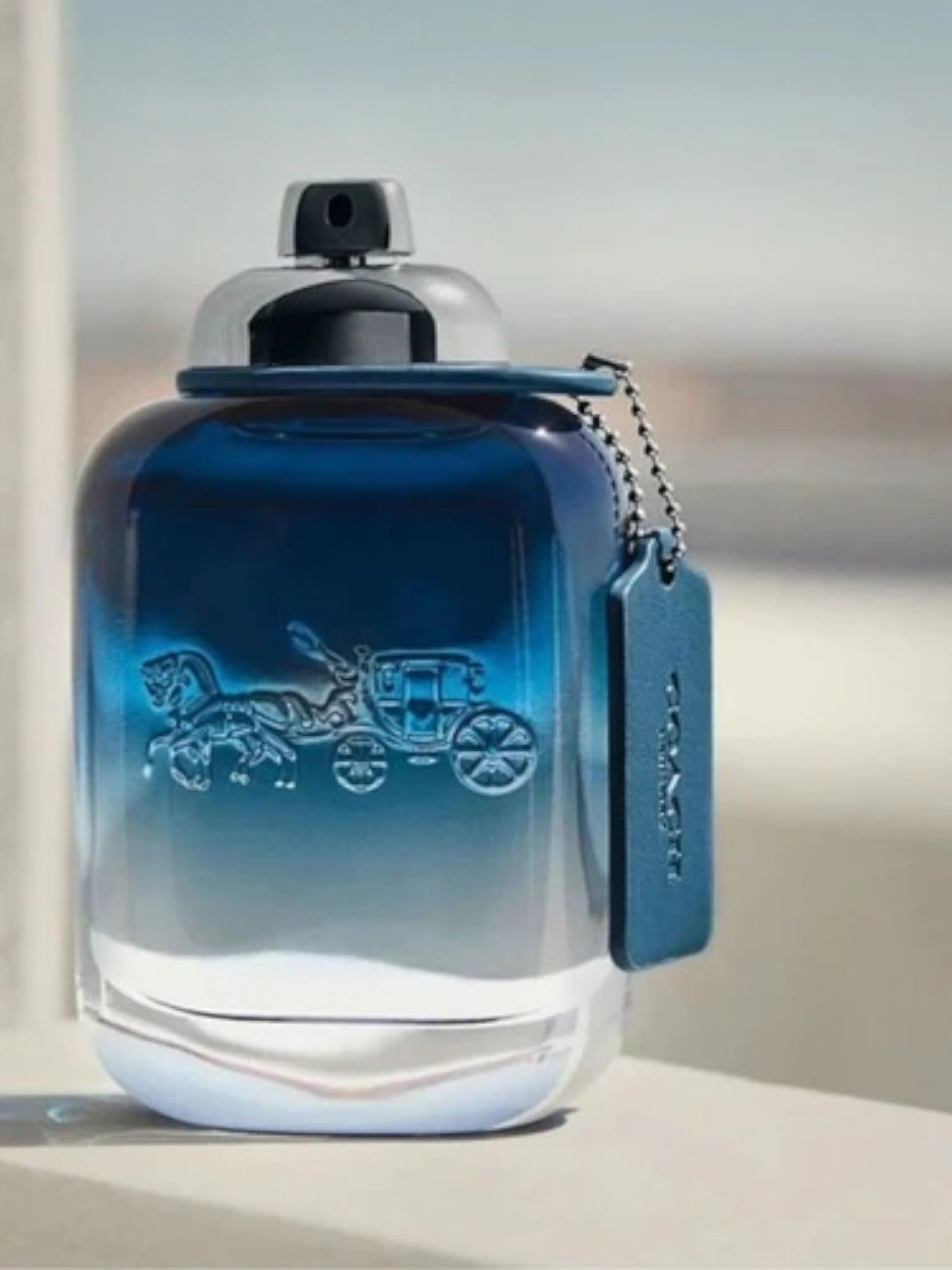 Blue perfume bottle with a brand logo on a light background. Coach, Monza Outlet, Monza Fashion, Shein Outlet