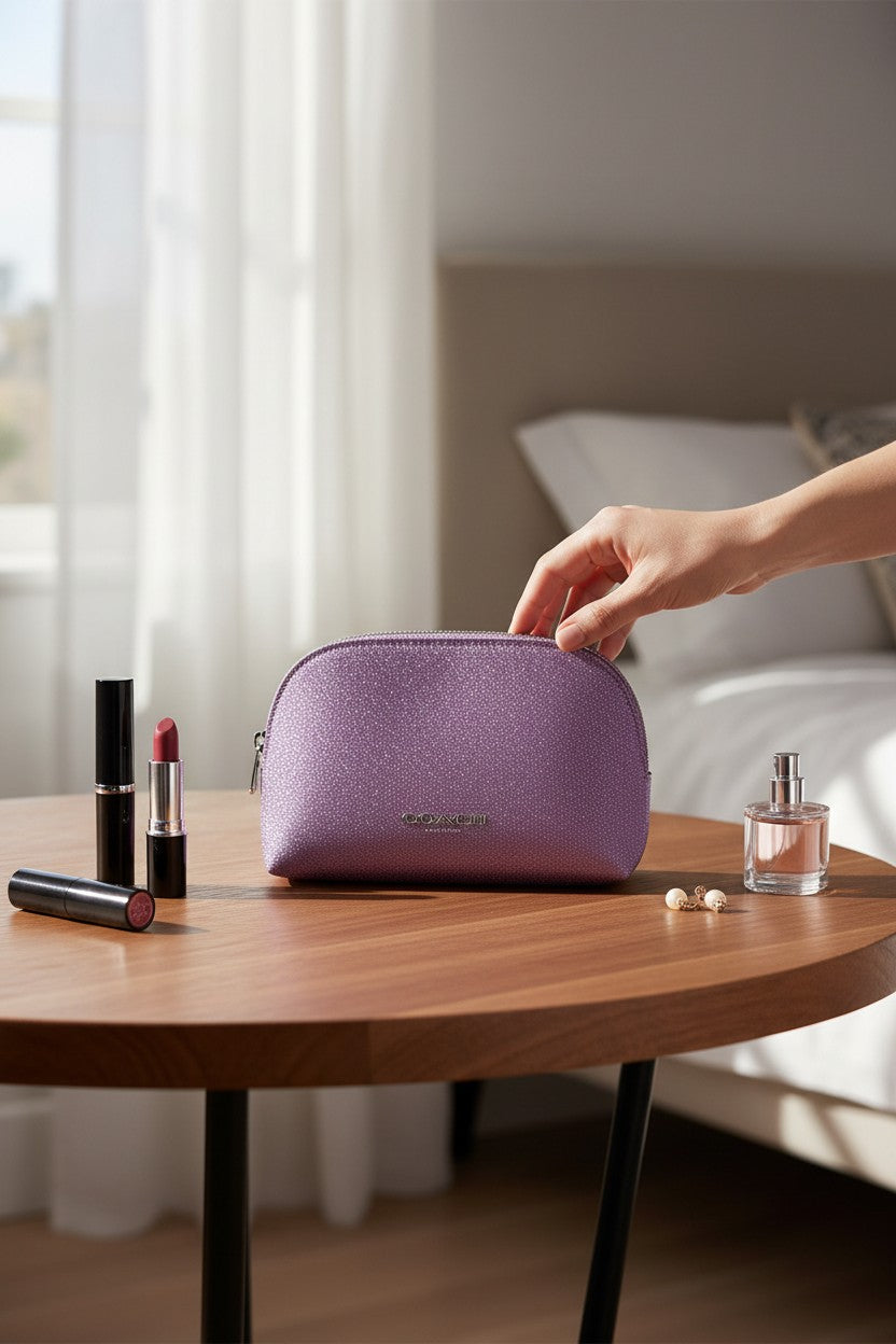 Purple cosmetic bag on a wooden table with makeup items in a room setting. Coach, Monza Outlet, Monza Fashion, Shein Outlet 
