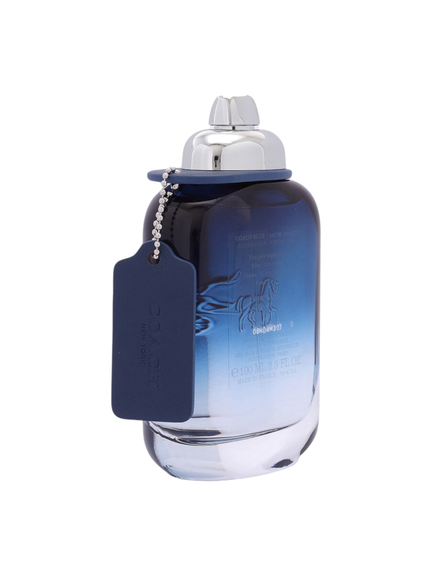 Blue perfume bottle with silver cap and blue tag on a white background. Coach, Monza Outlet, Monza Fashion, Shein Outlet