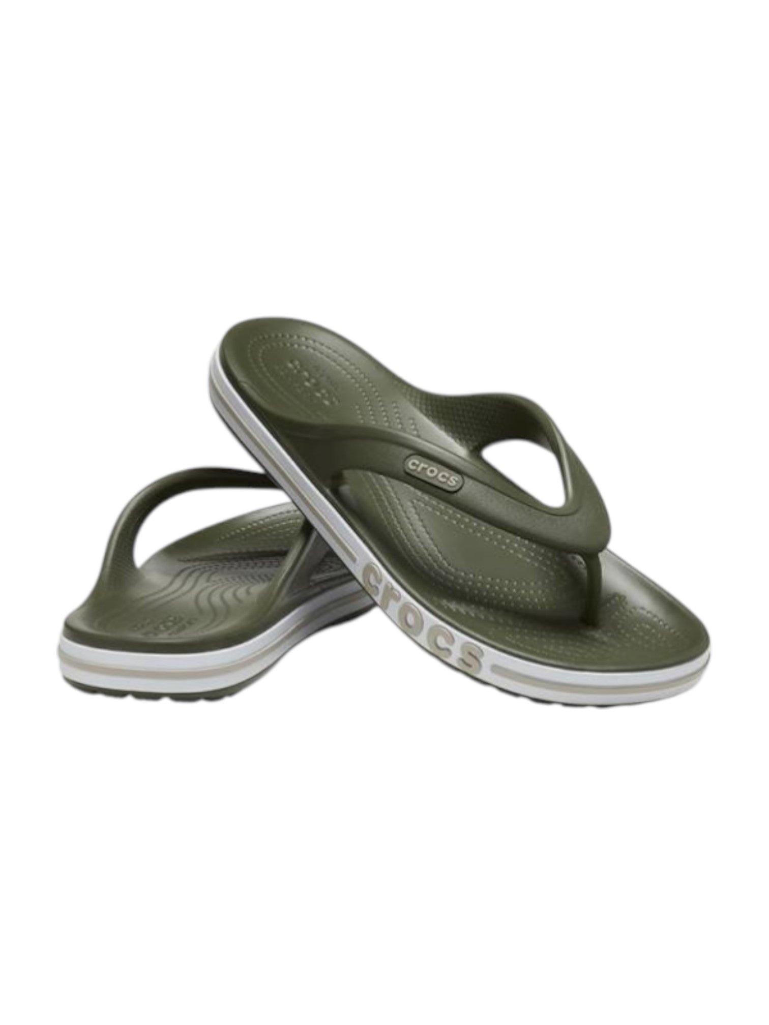 Green flip-flops with white sole on a white background. Crocs, Monza Outlet, Monza Fashion, Shein Outlet 