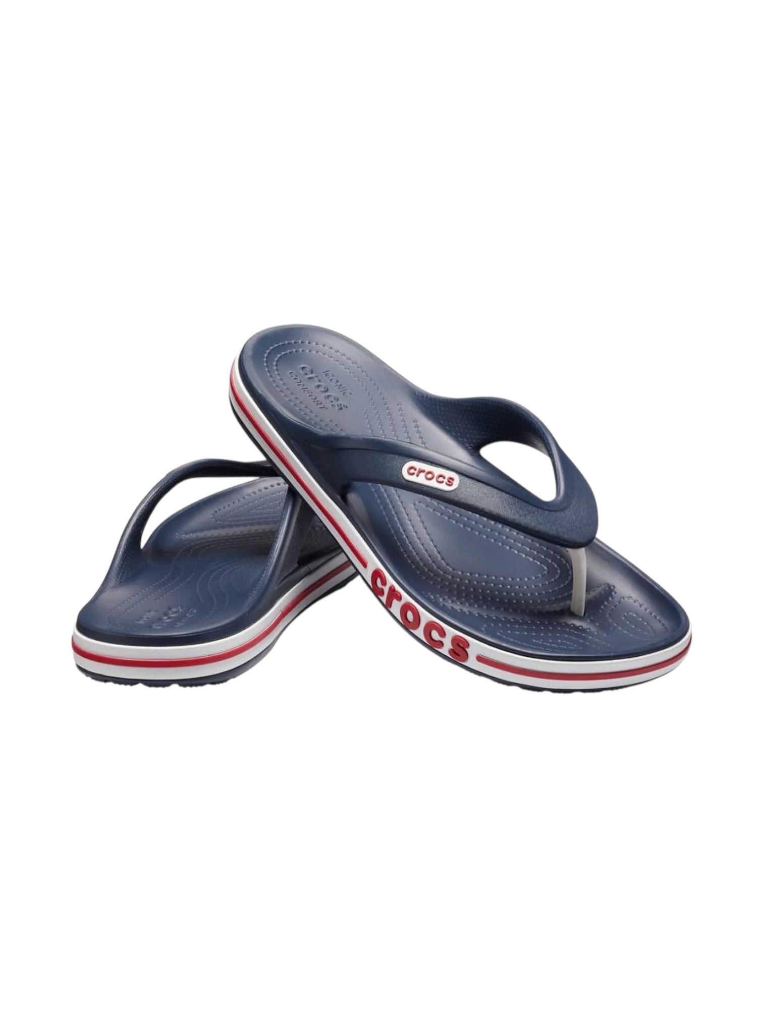 Navy blue Crocs flip-flops with red and white stripes on a white background.  Crocs, Monza Outlet, Monza Fashion, Shein Outlet 