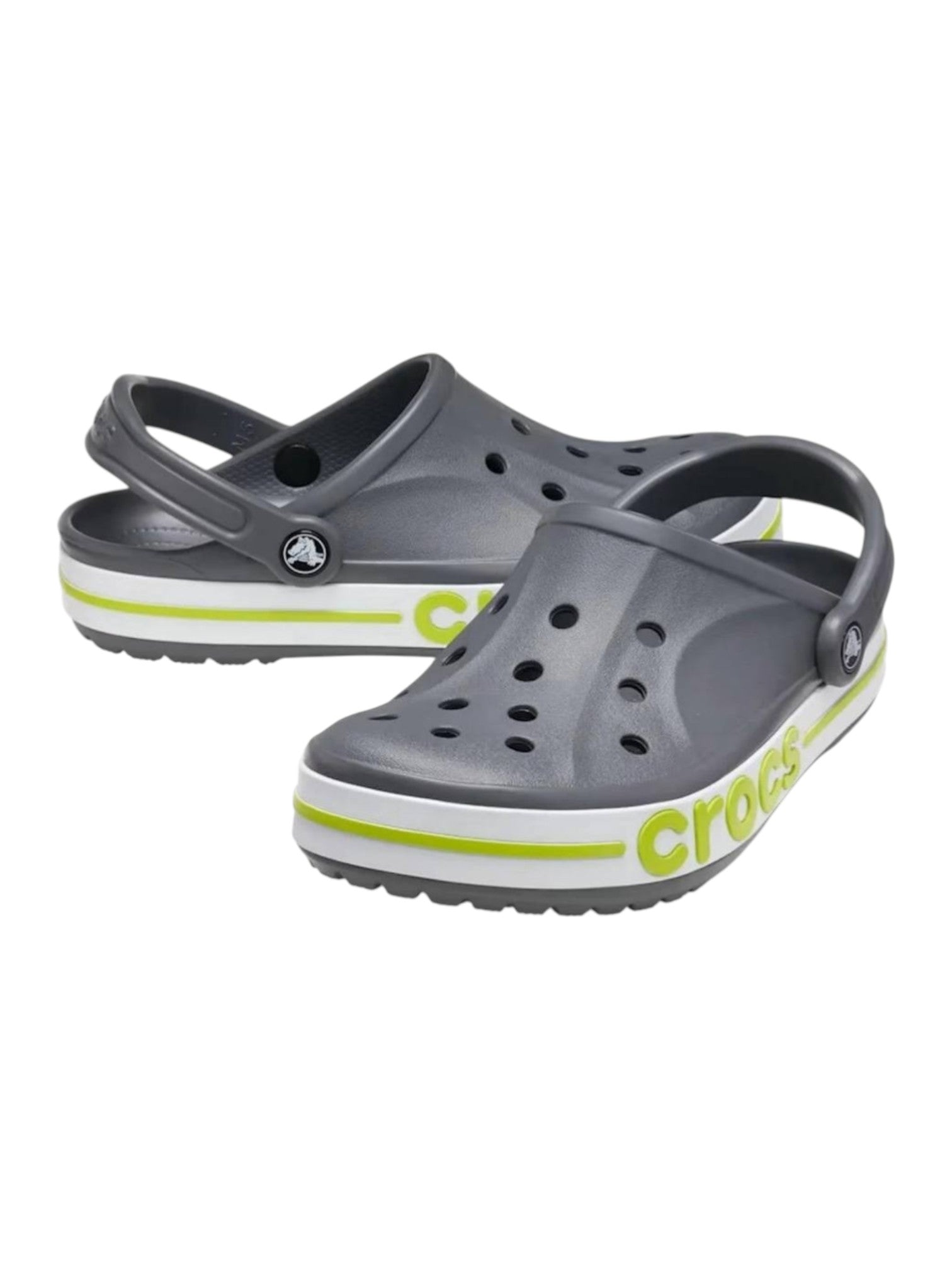 Gray clogs with green stripes on a white background. Crocs, Monza Outlet, Monza Fashion, Shein Outlet 