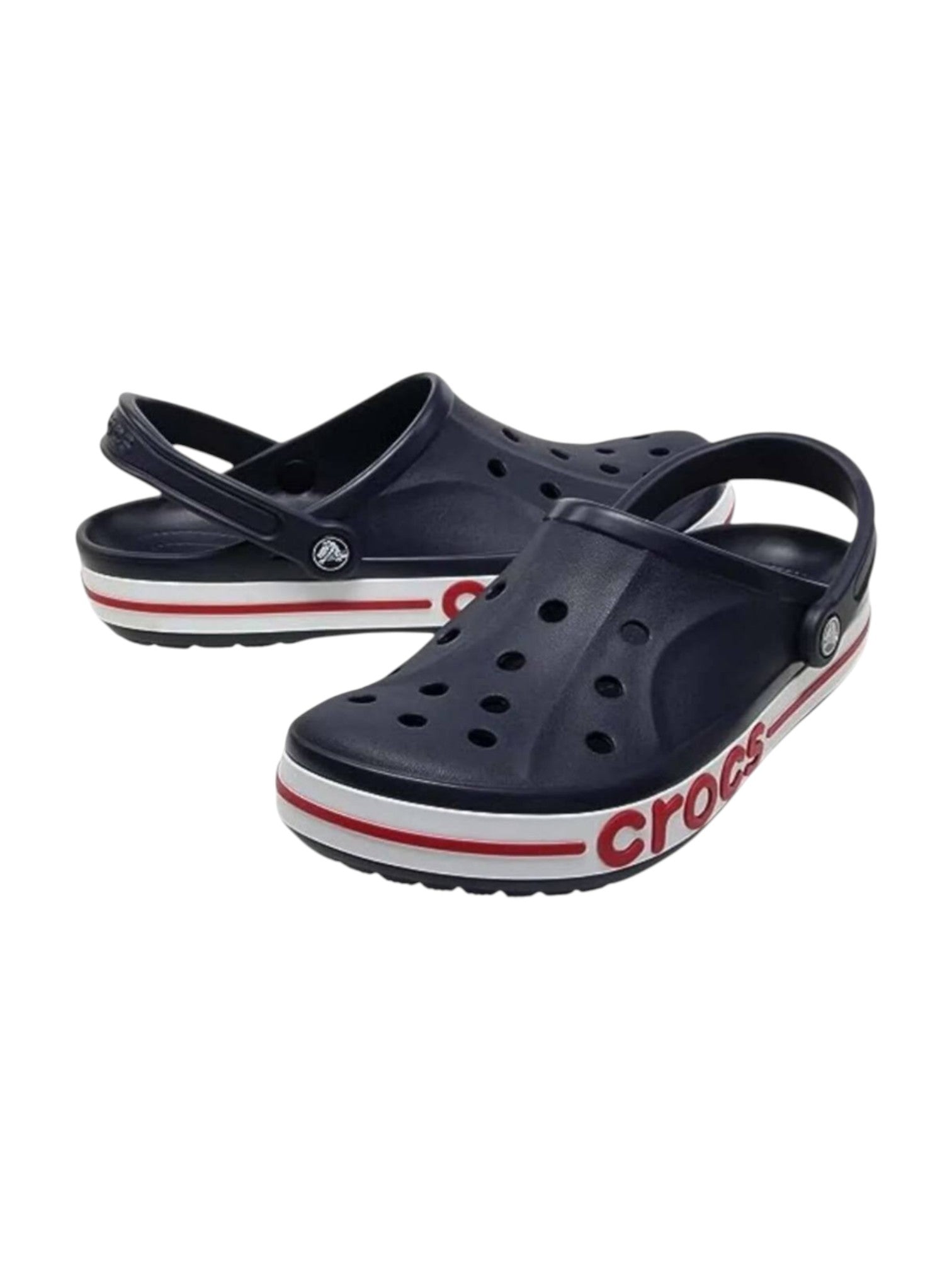 Navy blue clogs with red and white stripes on a white background. Crocs, Monza Outlet, Monza Fashion, Shein Outlet 