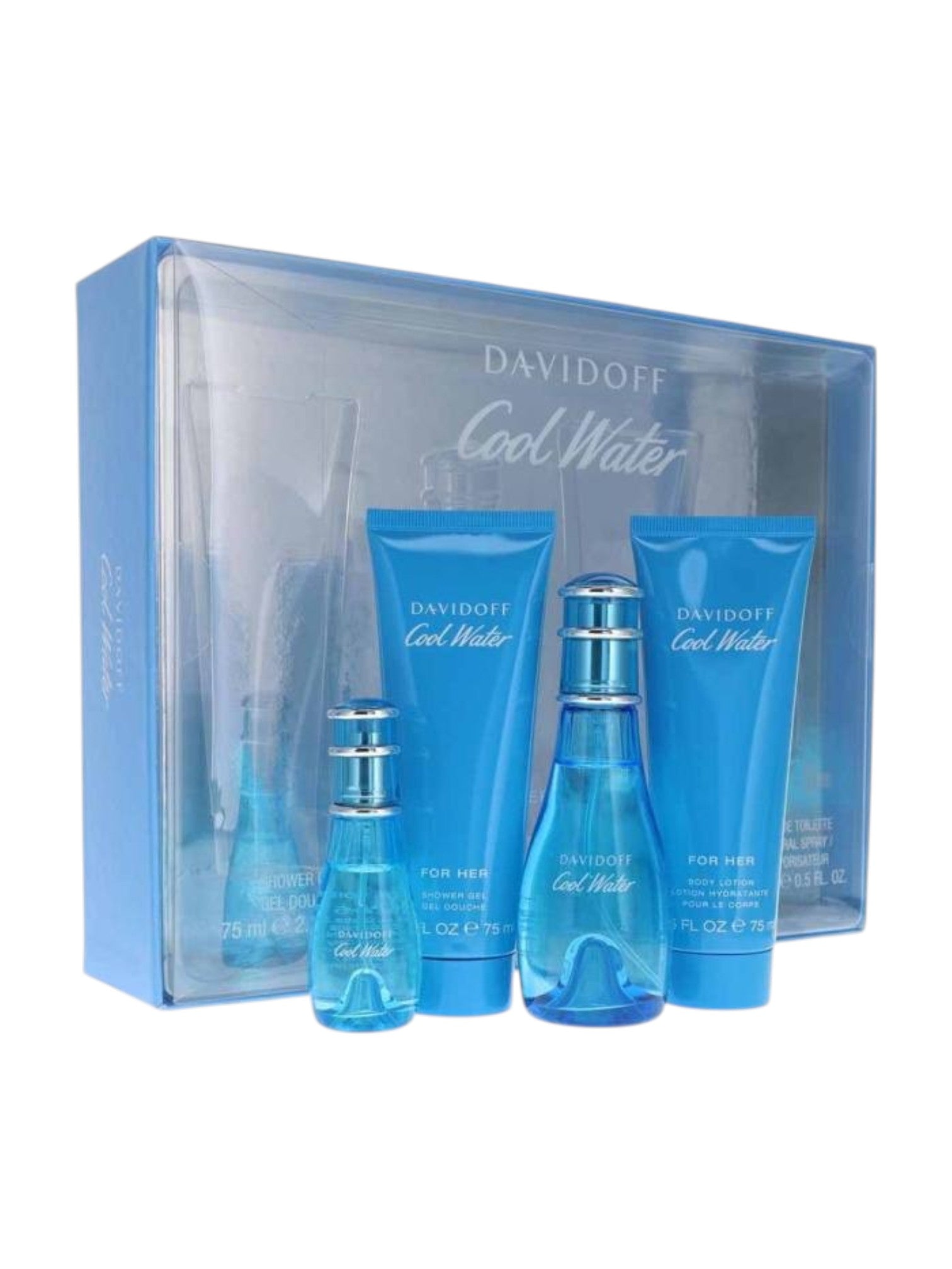 Davidoff Cool Water perfume set with bottles and packaging on a white background. Davidoff, Monza Outlet, Monza Fashion, Shein Outlet 