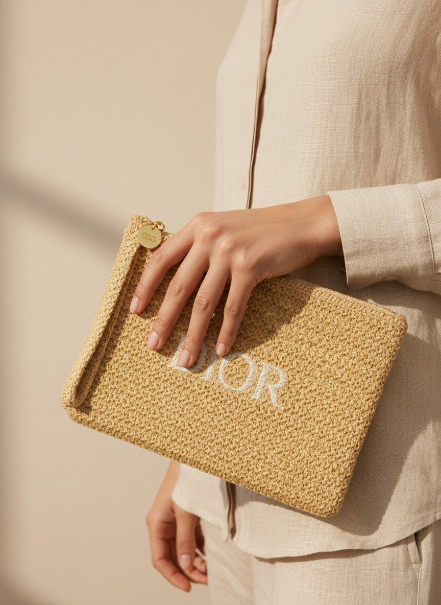 Hand holding a textured beige clutch with 'Dior' branding against a neutral background. Dior, Monza Outlet, Monza Fashion, Shein Outlet 