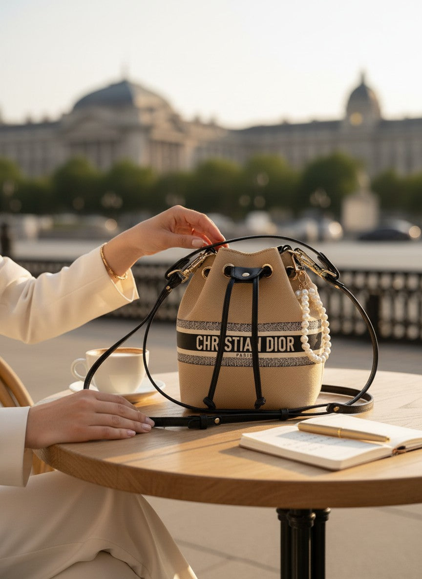 Person holding a Christian Dior bag at an outdoor table with a cityscape background. Dior, Monza Outlet, Monza Fashion, Shein Outlet 