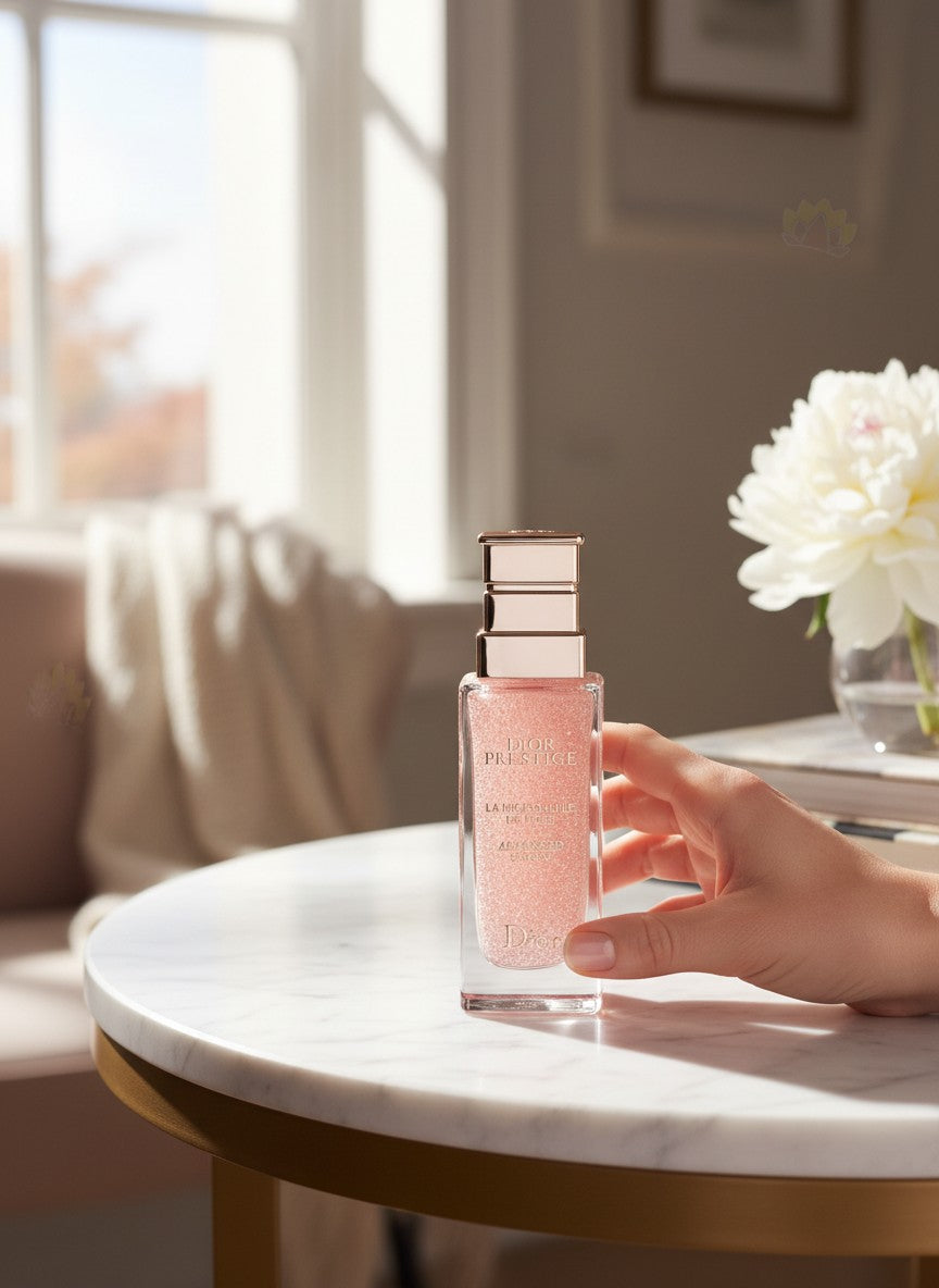 Hand holding a pink nail polish bottle on a marble table with a blurred background. Dior, Monza Outlet, Monza Fashion, Shein Outlet 