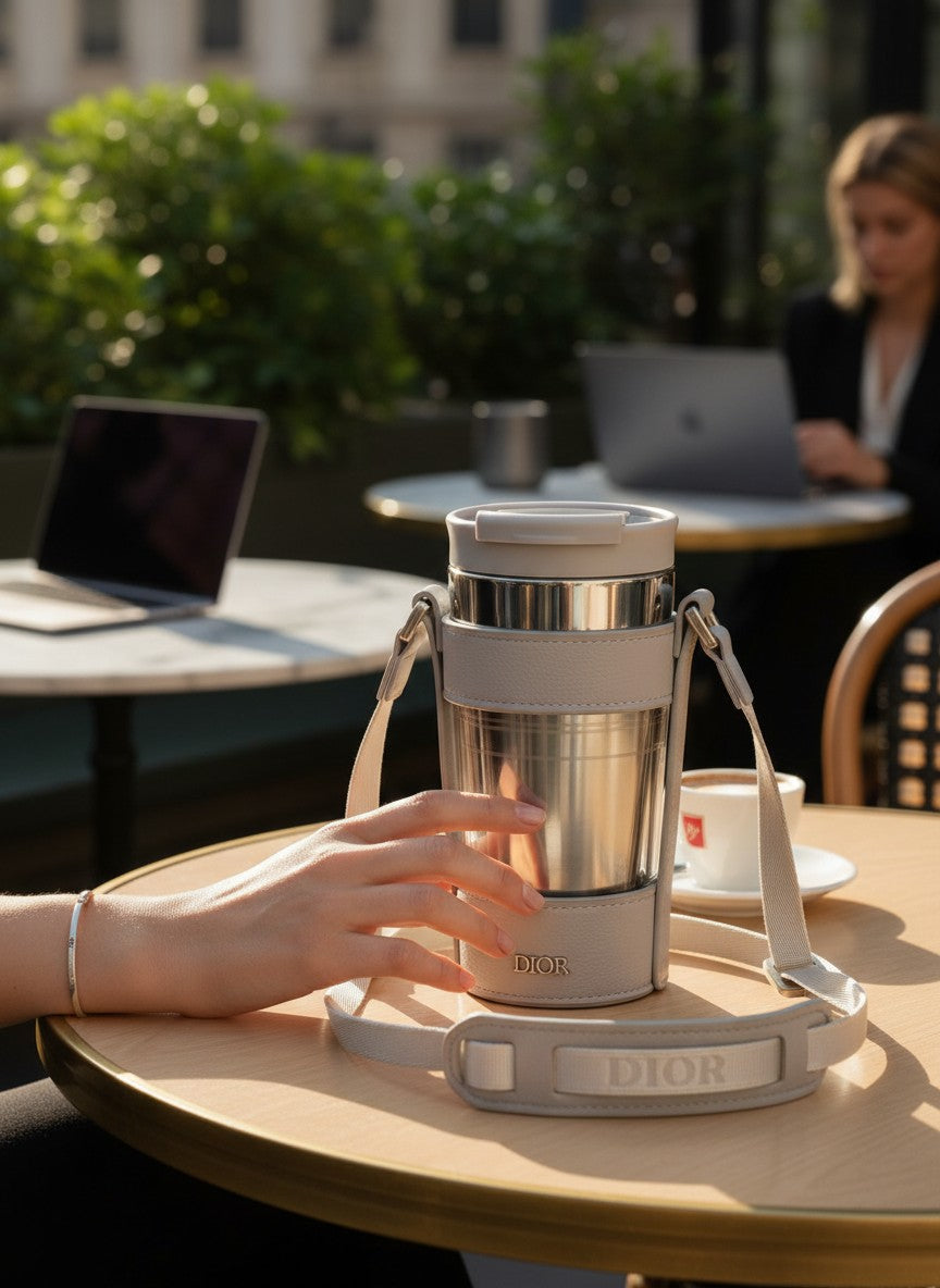 Person holding a Dior thermos at an outdoor cafe with another person using a laptop in the background. Dior, Monza Outlet, Monza Fashion, Shein Outlet 