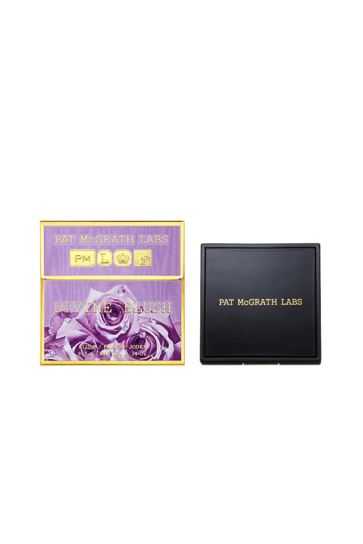 Makeup product with purple packaging and gold text on a white background.  PAT McGRATH LABS Skin Fetish Divine Blush packaging and product open with blush color visible. Monza Outlet