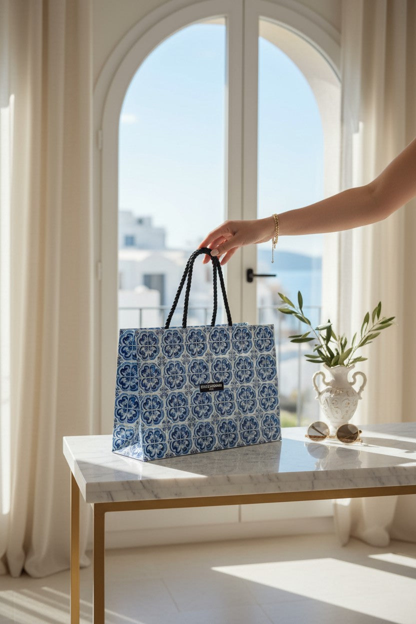 Hand holding a blue patterned bag on a marble table with a bright window in the background. Dolce Gabbana, Monza Outlet, Monza Fashion, Shein Outlet 