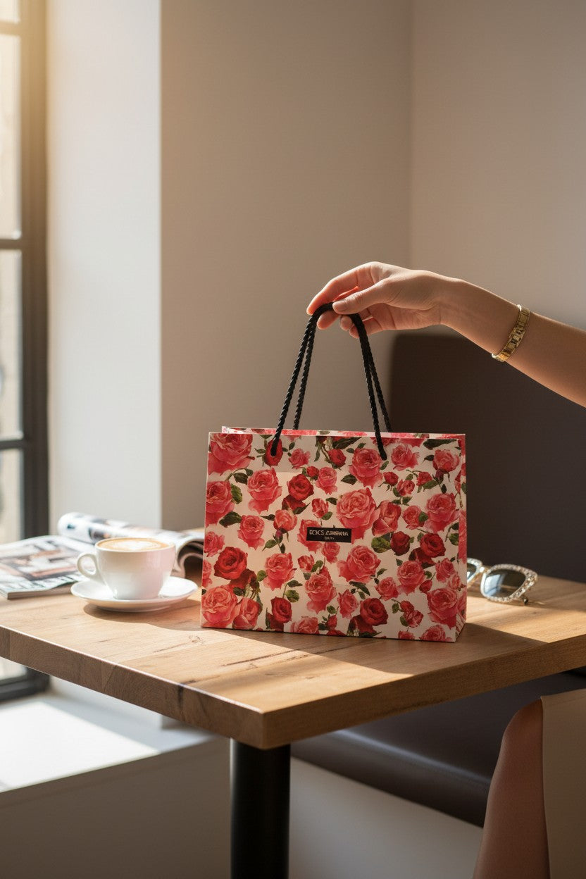 Person holding a floral shopping bag over a table with a cup of coffee. Dolce Gabbana, Monza Outlet, Monza Fashion, Shein Outlet 
