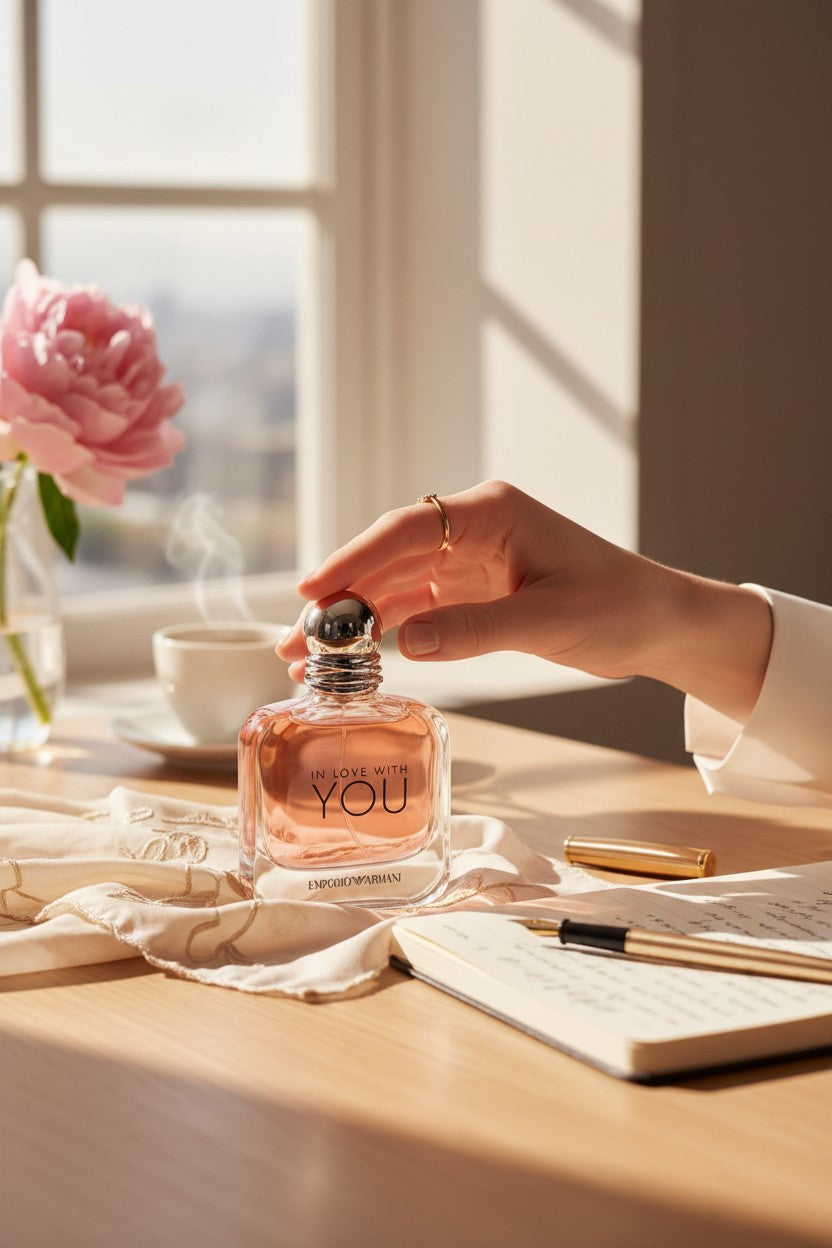 A hand in a white sleeve reaches for the silver cap of a clear glass perfume bottle filled with pink liquid, placed on a wooden desk with a notebook, pen, cup, and a pink flower in the background. Emporio Armani, Monza Outlet, Monza Fashion, Shein Outlet