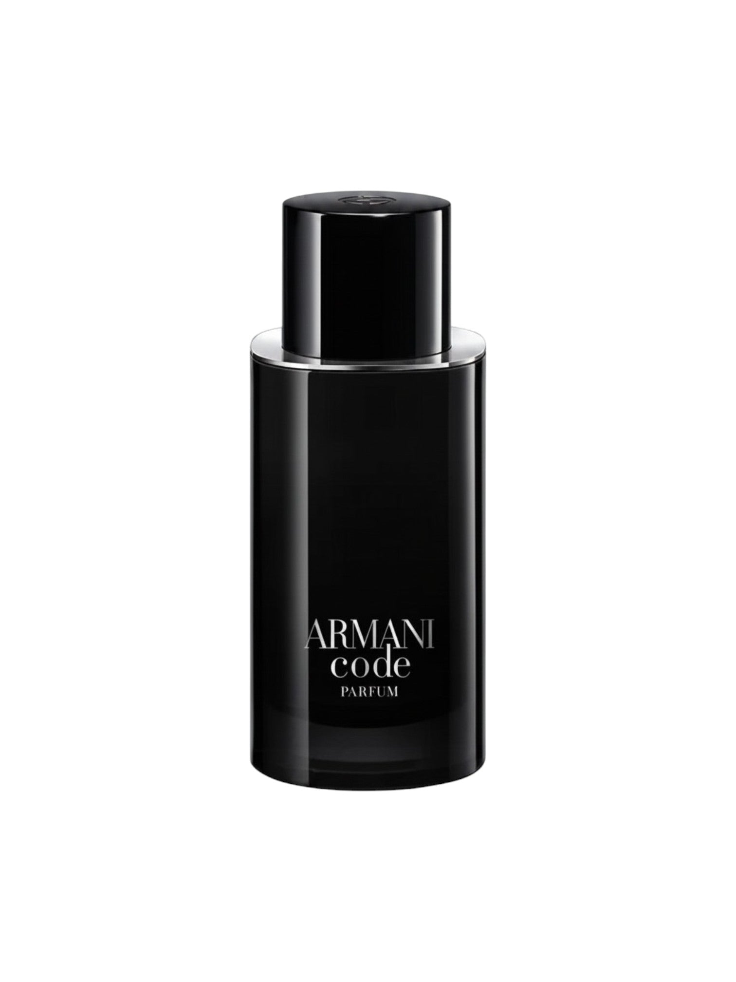 Armani Code Parfum bottle in glossy black glass with a matching black cap and silver lettering, centered on a plain white background. Emporio Armani, Monza Outlet, Monza Fashion, Shein Outlet