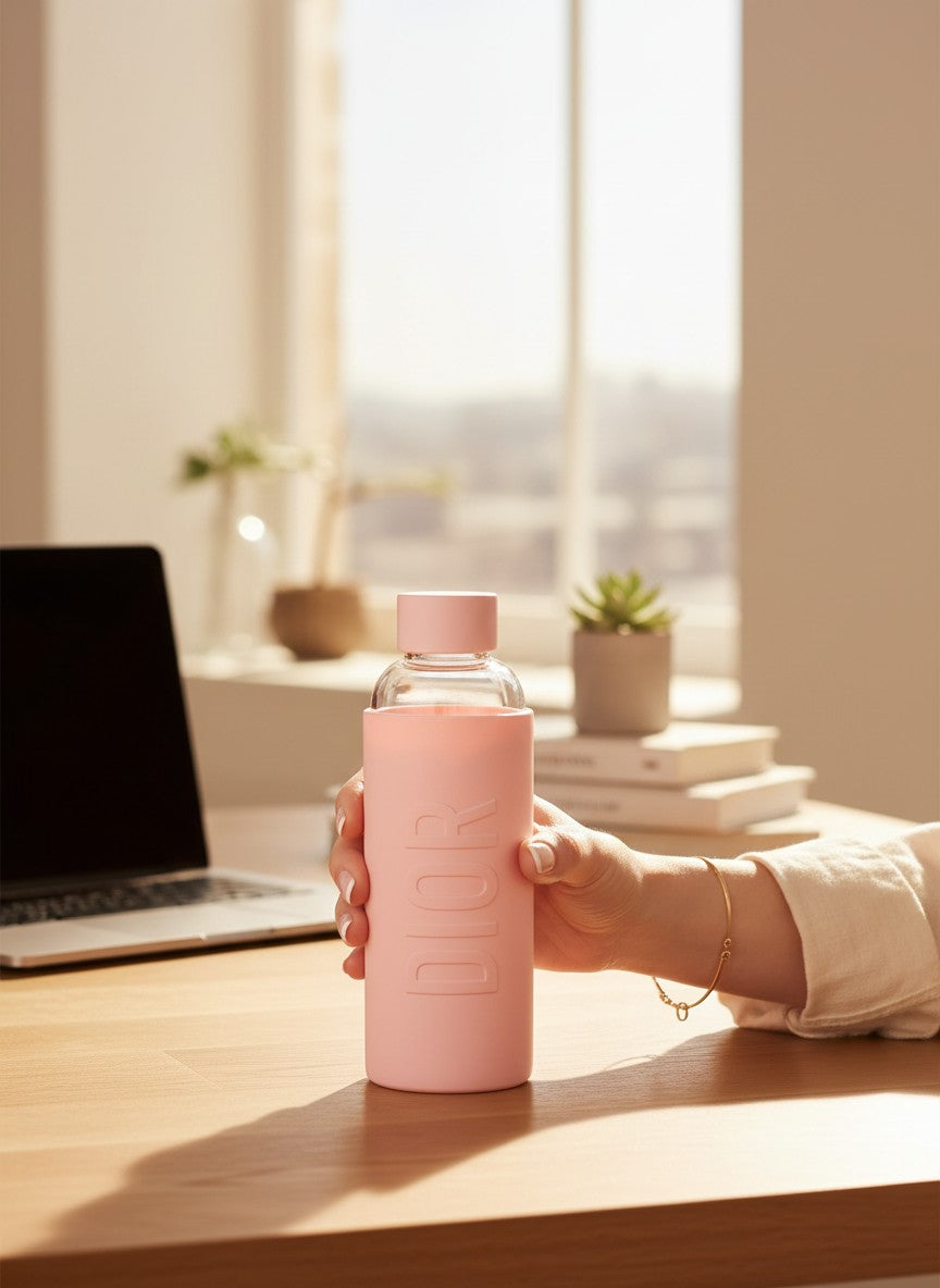 Person holding a pink water bottle with a blurred office background. Dior, Monza Outlet, Monza Fashion, Shein Outlet 