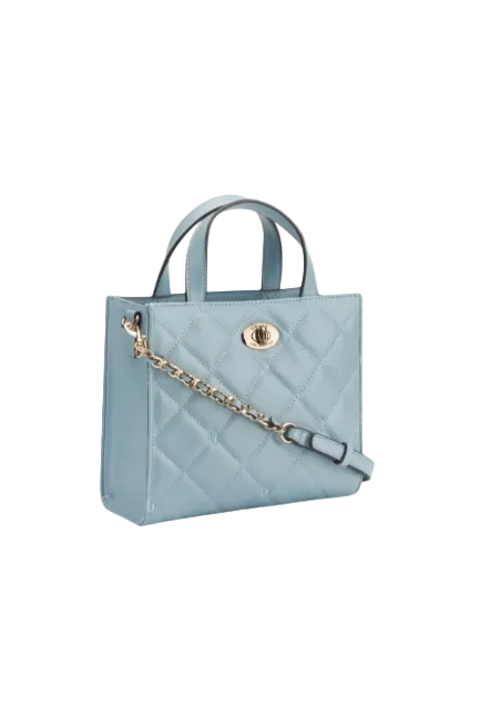 Light blue handbag with a gold chain on a white background. Guess, Monza Outlet, Monza Fashion, Shein Outlet