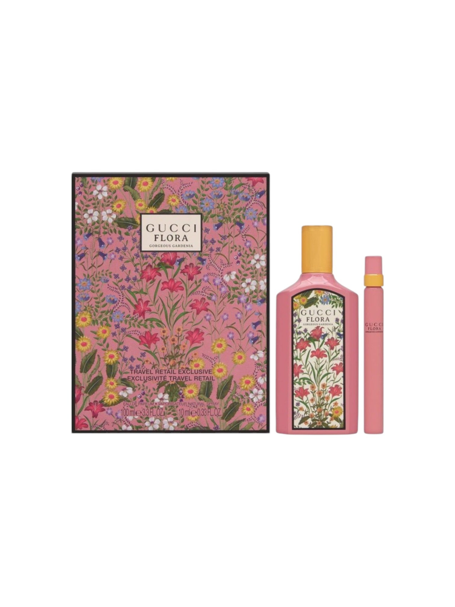 Gucci Flora perfume set with floral design on a white background. Gucci, Monza Outlet, Monza Fashion, Shein Outlet