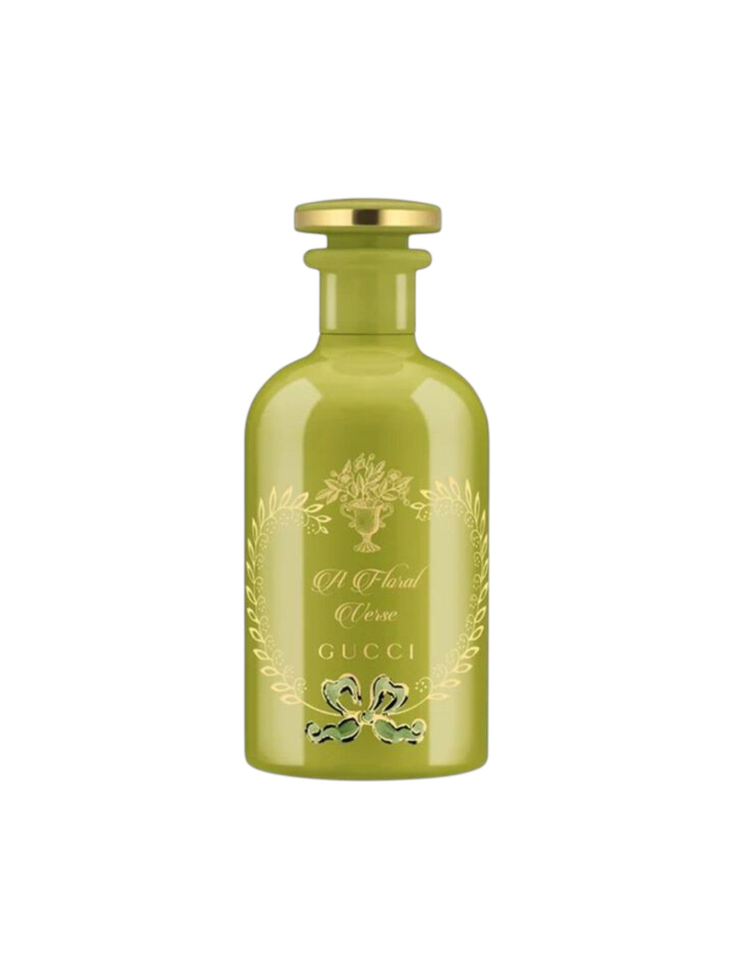 Green Gucci perfume bottle on a white background. Gucci, Monza Outlet, Monza Fashion, Shein Outlet