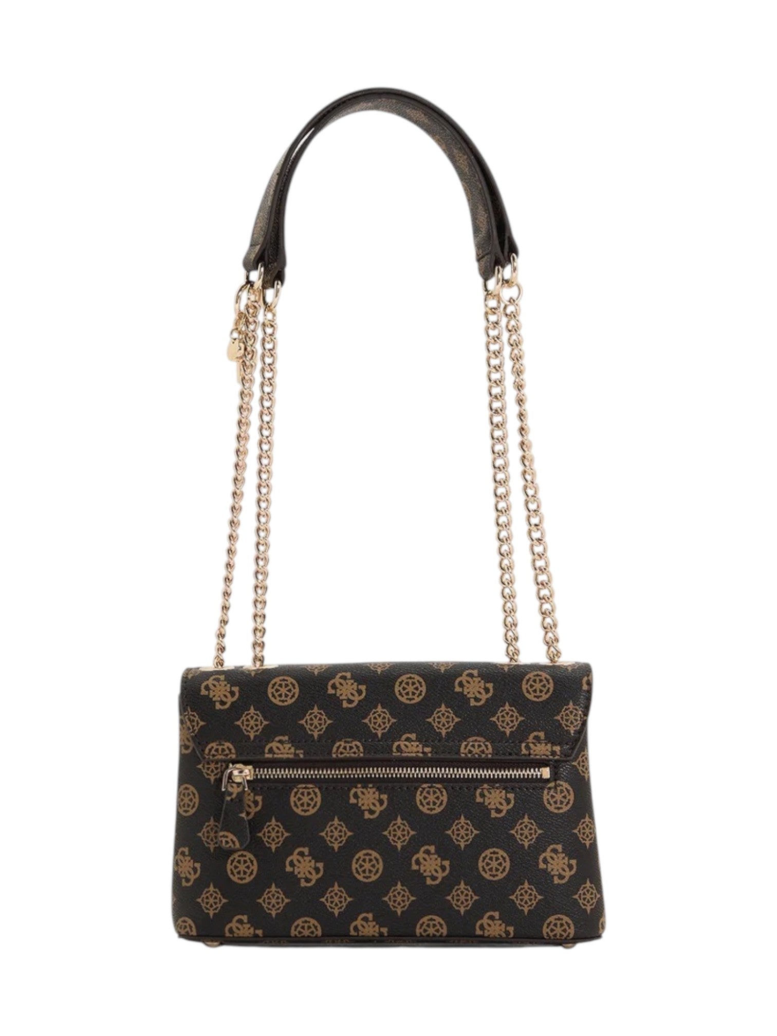 Black handbag with gold chain strap and pattern on a white background. Guess, Monza Outlet, Monza Fashion, Shein Outlet