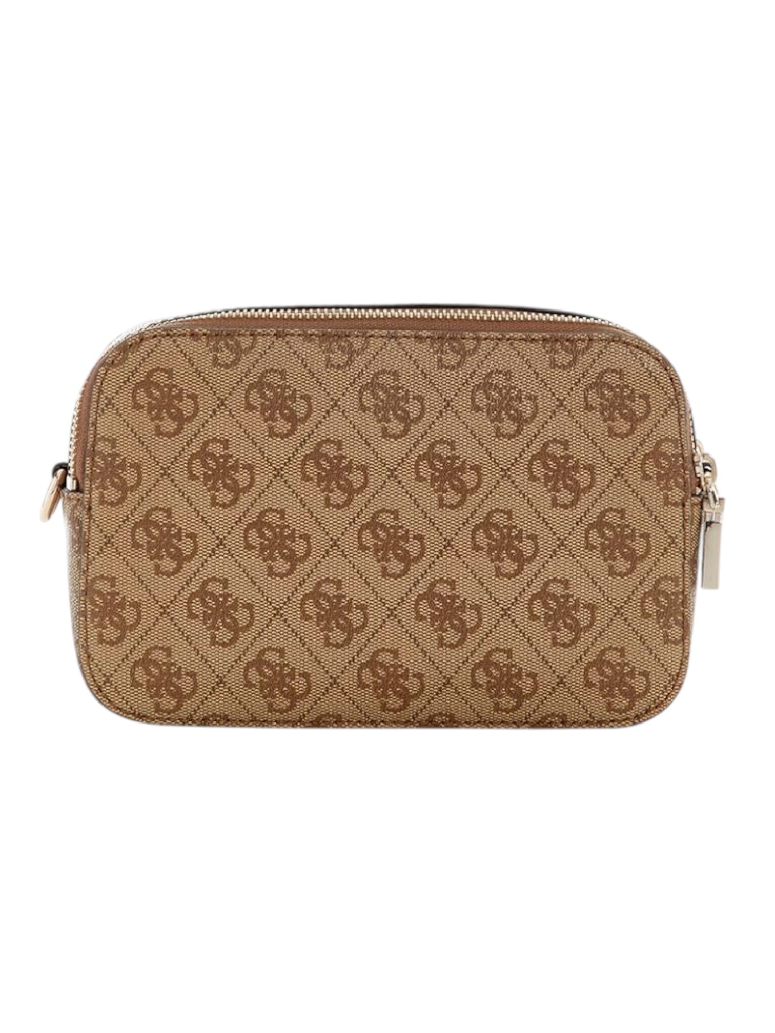 Brown patterned pouch with gold zipper on a white background. Guess, Monza Outlet, Monza Fashion, Shein Outlet