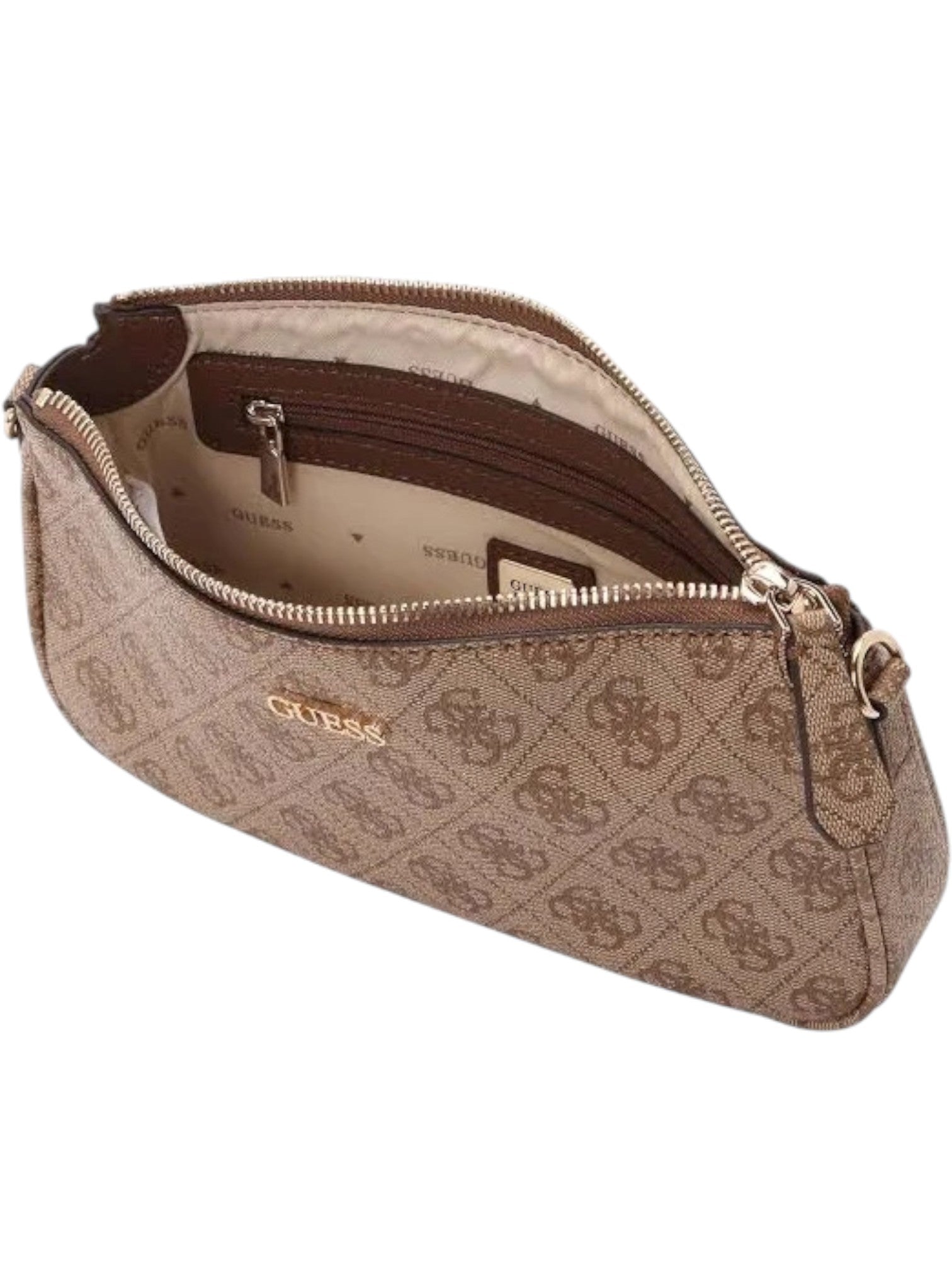 Brown patterned pouch with gold zipper and Guess logo on a white background. Guess, Monza Outlet, Monza Fashion, Shein Outlet