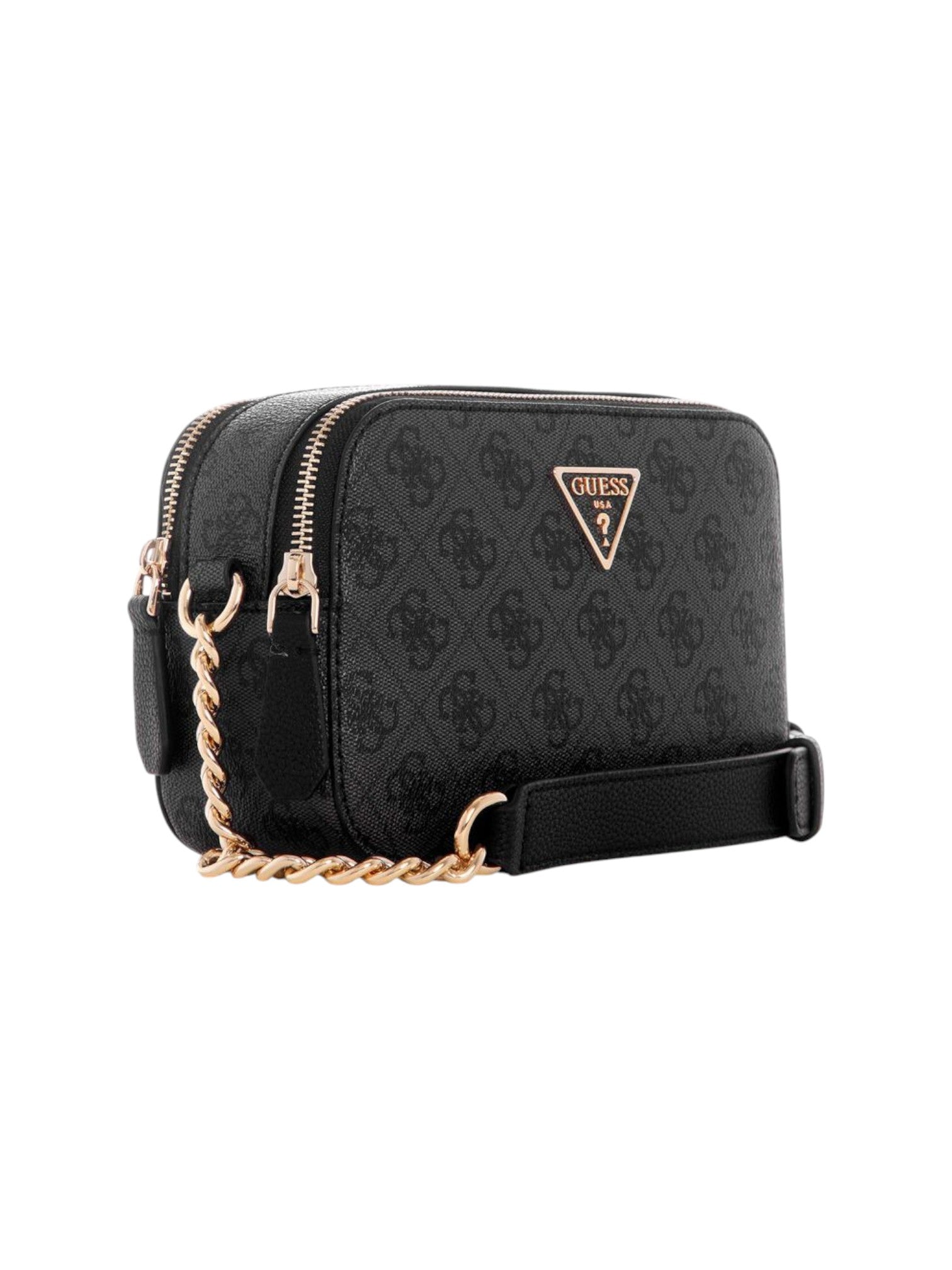 Black patterned handbag with gold chain and strap on a white background. Guess, Monza Outlet, Monza Fashion, Shein Outlet