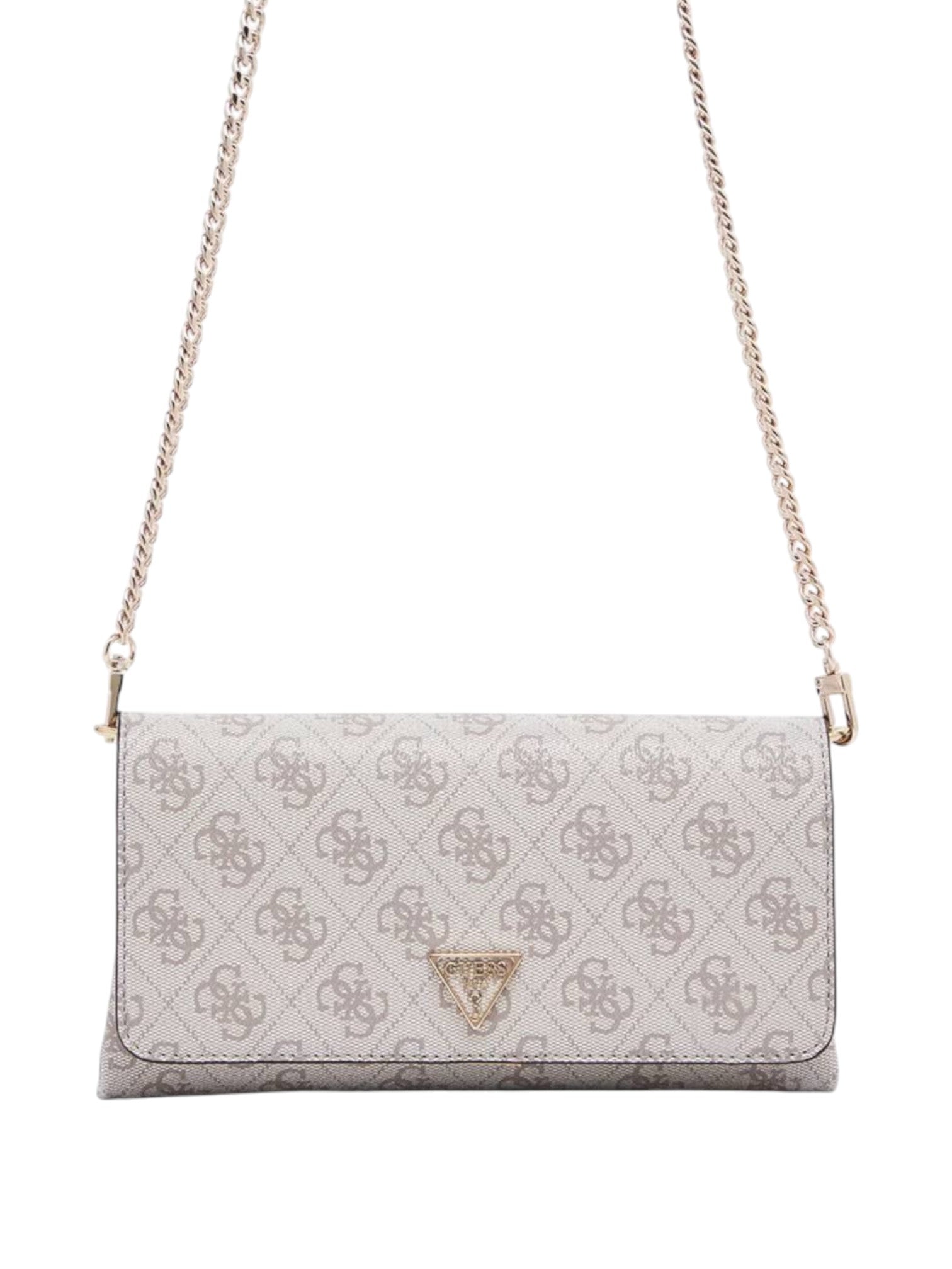 Silver patterned handbag with a chain strap on a white background. Guess, Monza Outlet, Monza Fashion, Shein Outlet