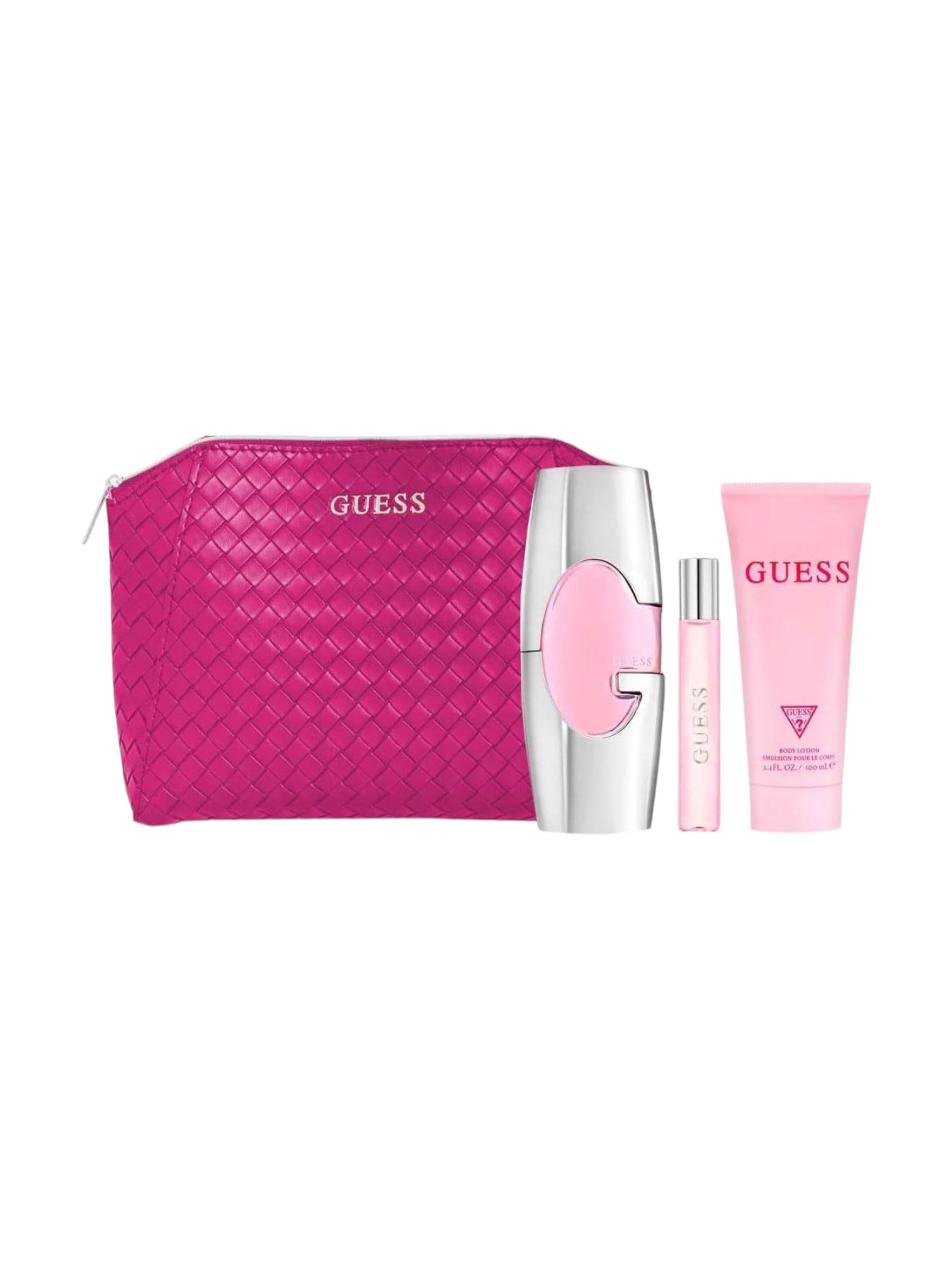 Guess beauty product set with pink pouch, silver bottle, and pink tube on a white background. Guess, Monza Outlet, Monza Fashion, Shein Outlet