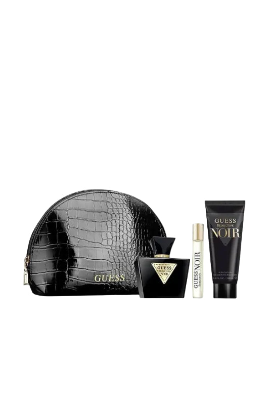 Guess perfume set with black crocodile-textured bag on a white background Guess Monza Outlet