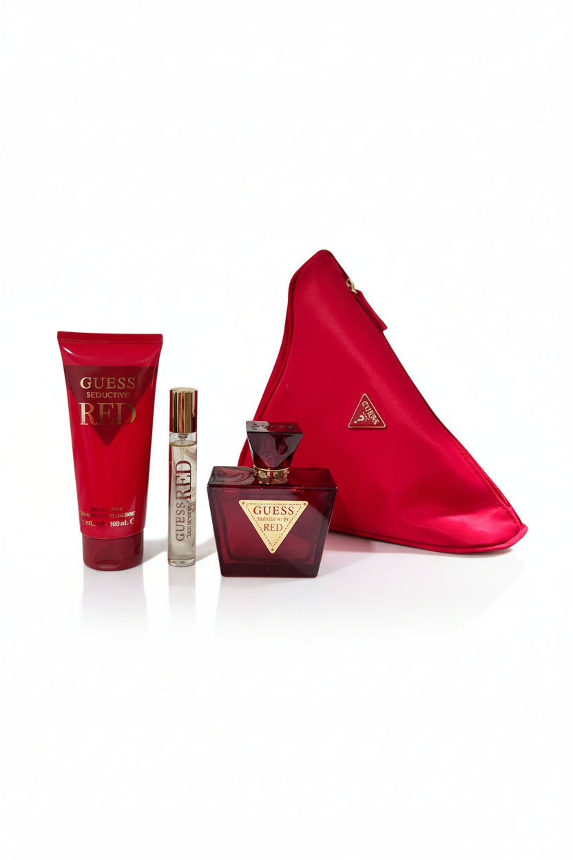 Guess perfume set with red bag on a white background. Guess, Monza Outlet, Monza Fashion, Shein Outlet