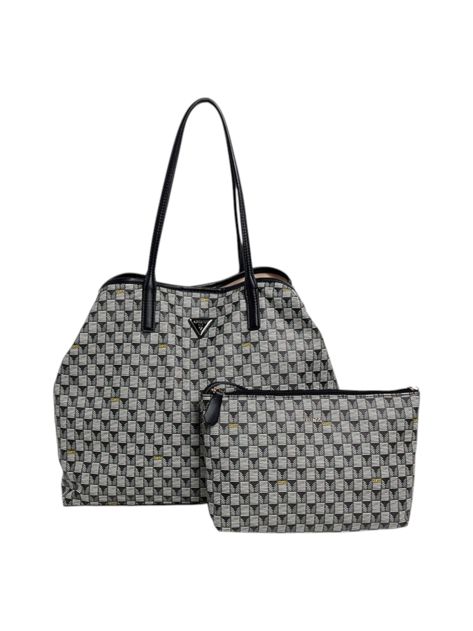 Gray patterned tote bag with matching pouch on a white background. Guess, Monza Outlet, Monza Fashion, Shein Outlet