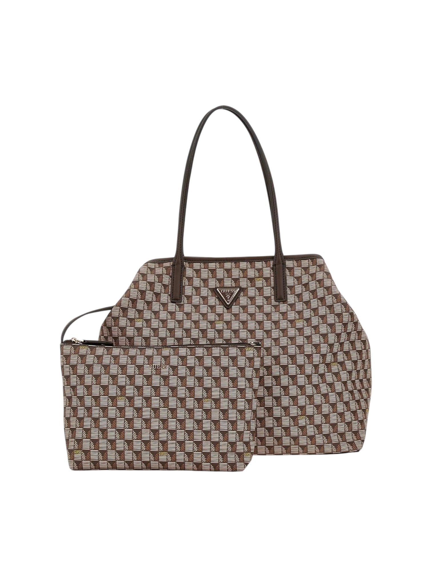 Brown patterned handbag with matching pouch on a white background. Guess, Monza Outlet, Monza Fashion, Shein Outlet