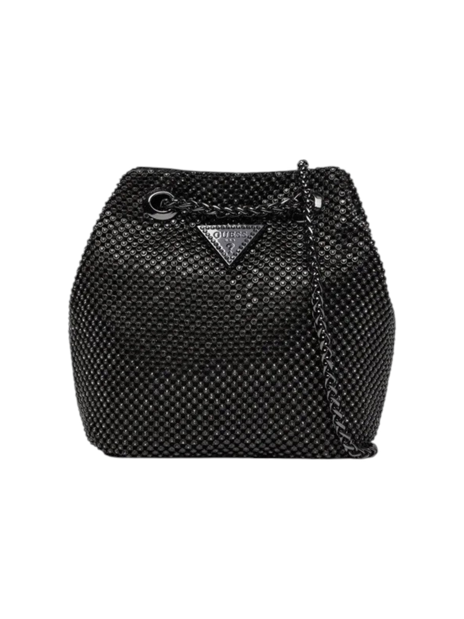 Black woven bucket bag with a brand logo on a white background. Guess, Monza Outlet, Monza Fashion, Shein Outlet