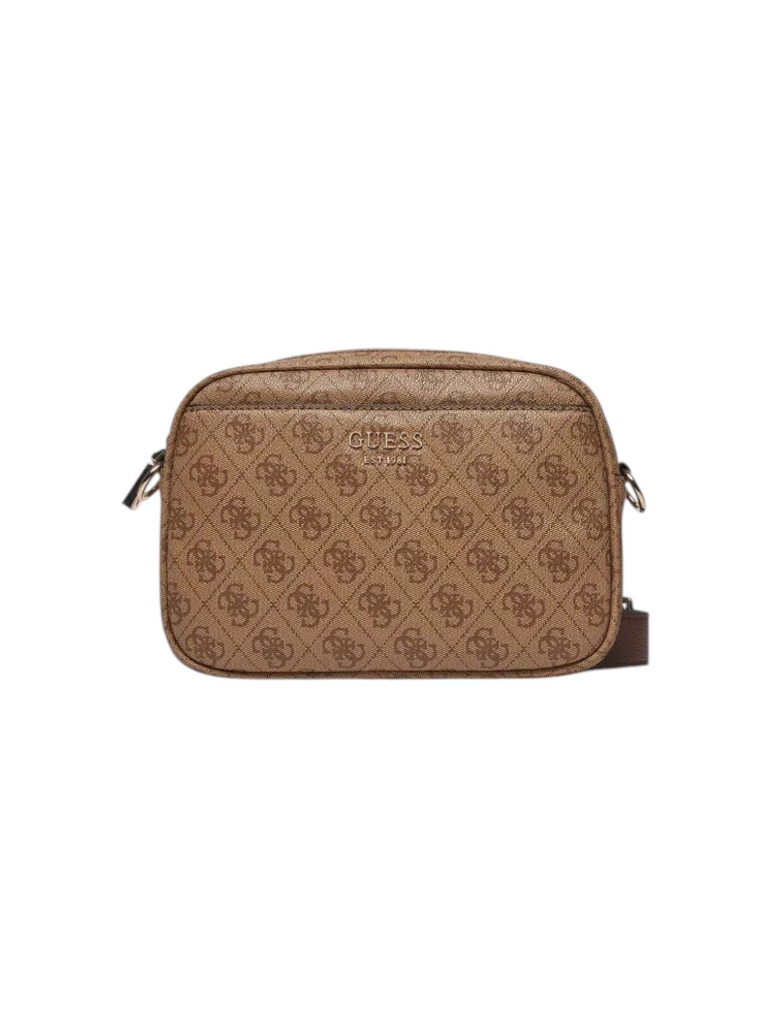 Brown patterned crossbody bag on a white background. Guess, Monza Outlet, Monza Fashion, Shein Outlet