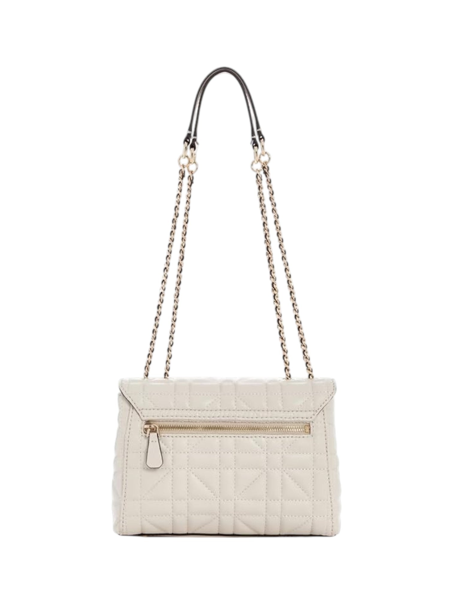 White quilted handbag with a chain strap on a white background. Guess, Monza Outlet, Monza Fashion, Shein Outlet