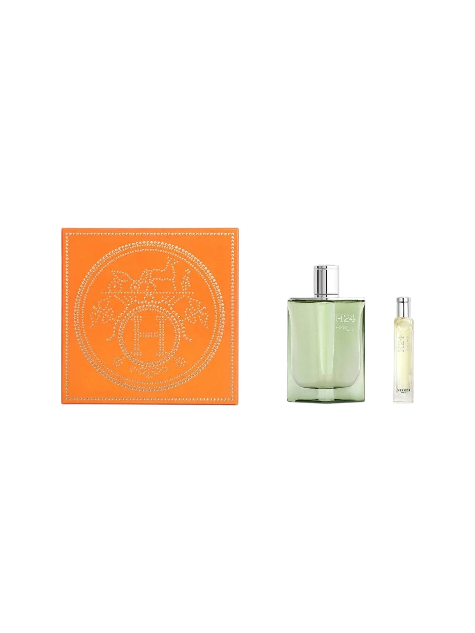 Perfume set with a green bottle and an orange packaging box on a white background. Hermès, Monza Outlet, Monza Fashion, Shein Outlet