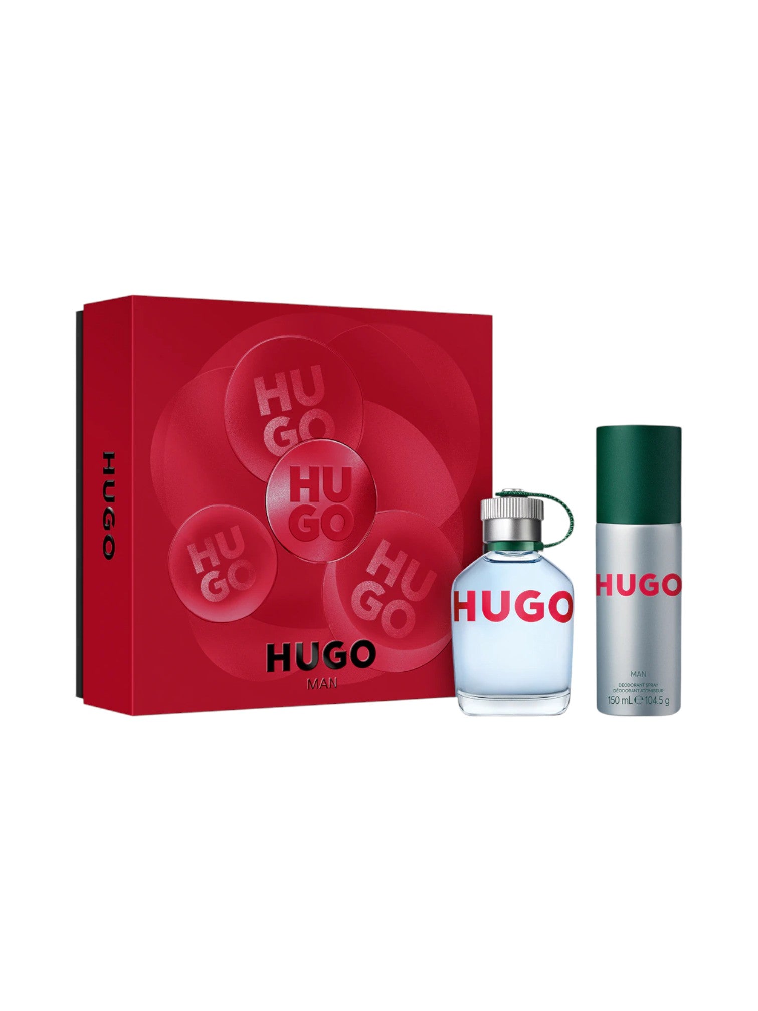 Hugo Boss perfume set with red box, clear bottle, and silver canister on a white background. Hugo, Monza Outlet, Monza Fashion, Shein Outlet