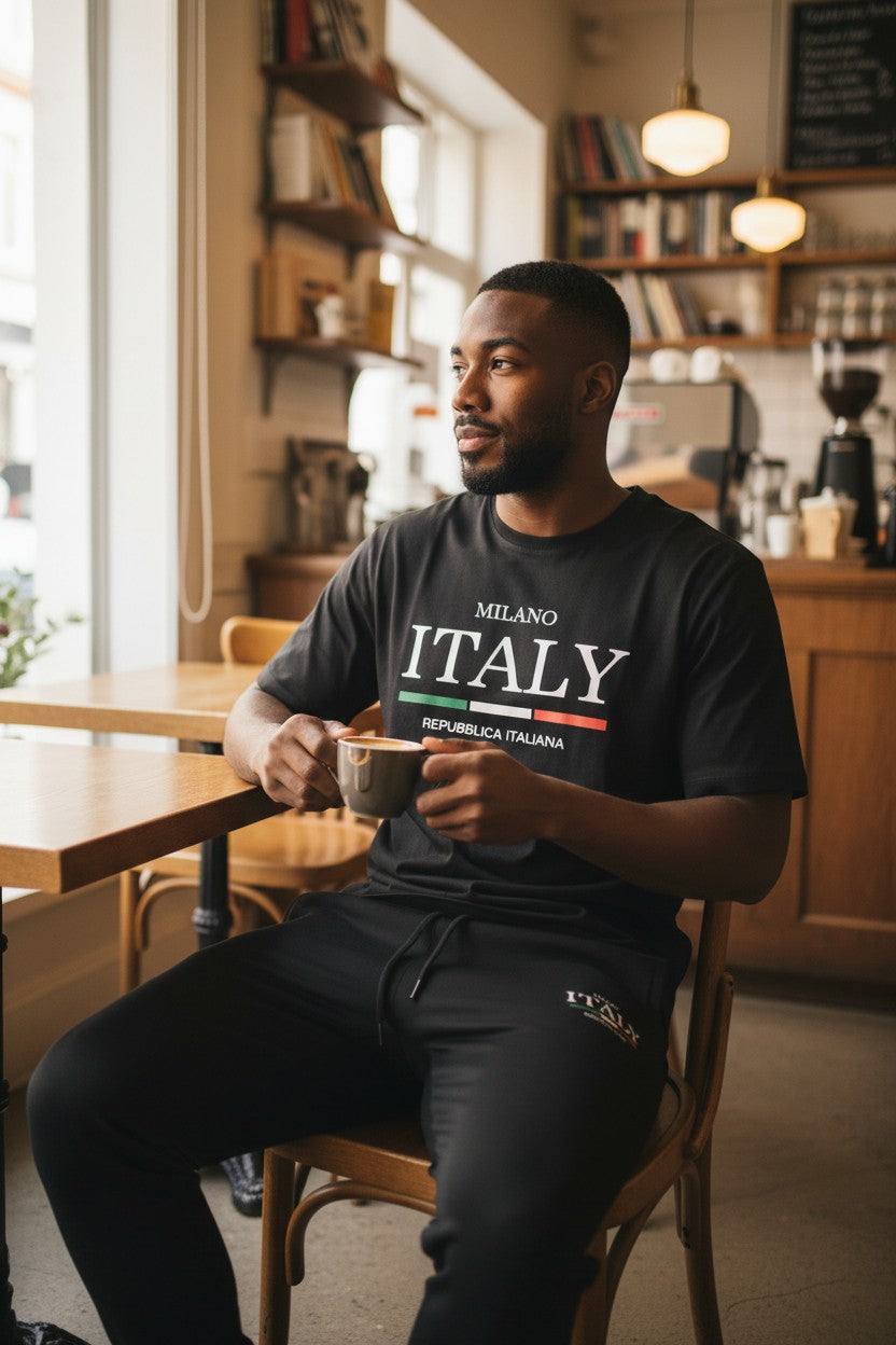 Man sitting in a cafe holding a cup, wearing a black t-shirt with Milano Italy text. Antler, Monza Outlet, Monza Fashion, Shein Outlet