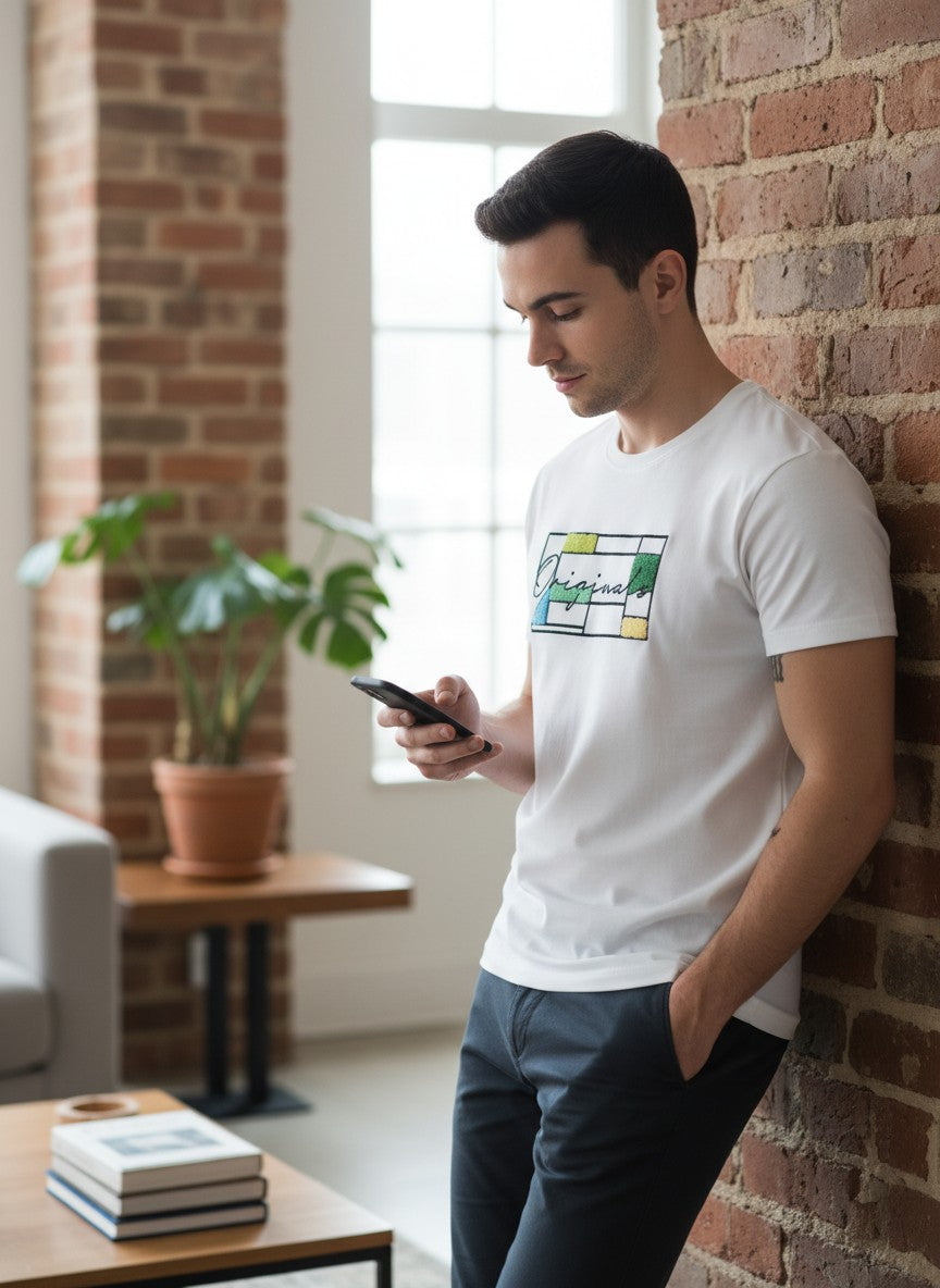 Man leaning against a brick wall holding a phone in a modern living room.  Jack & Jones, Monza Outlet, Monza Fashion, Shein Outlet 