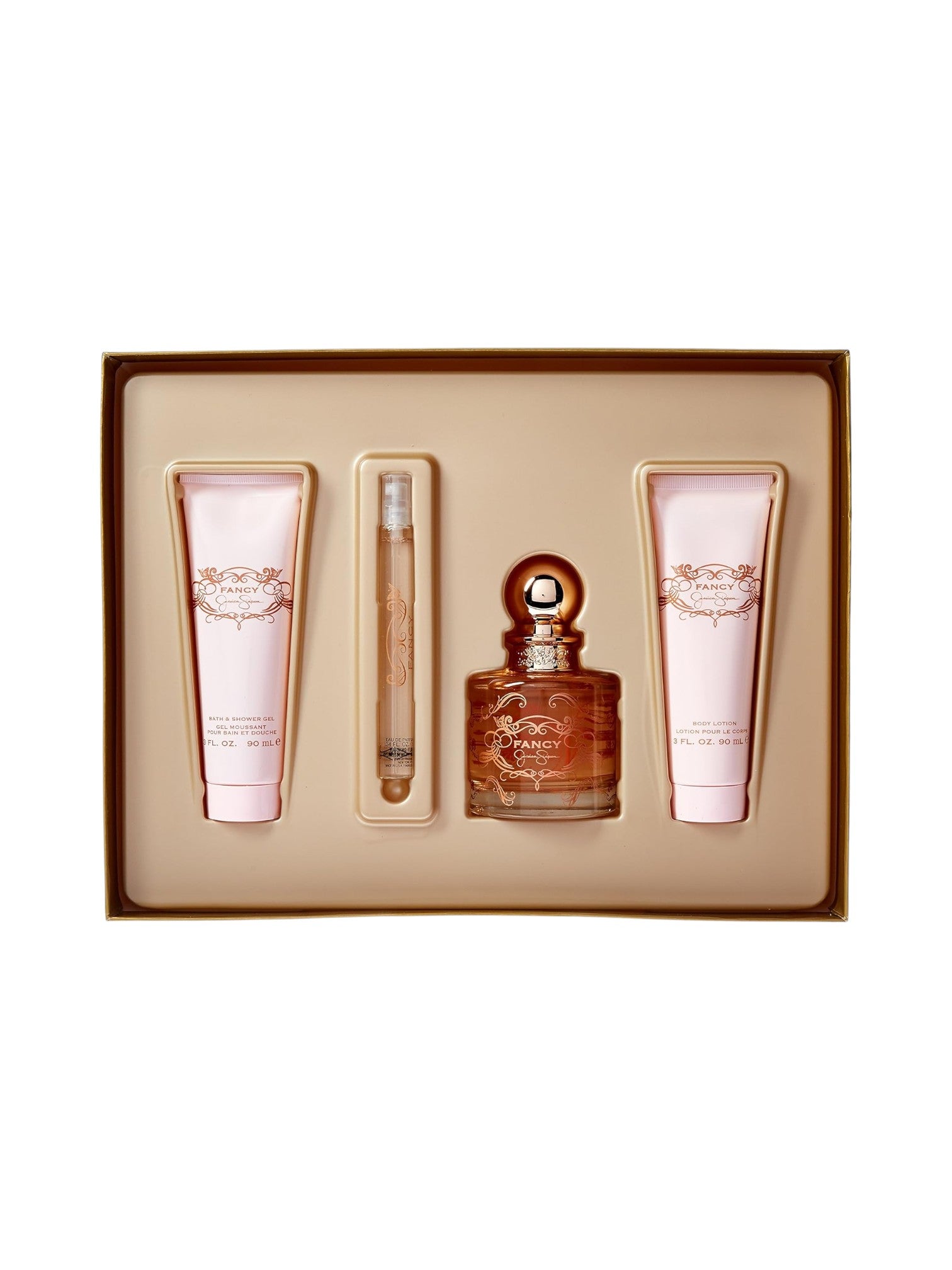Cosmetic set with a bottle and two tubes in a box on a white background. Jessica Simpson, Monza Outlet, Monza Fashion, Shein Outlet