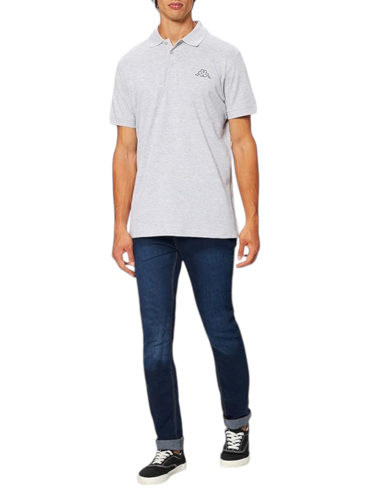 Person wearing a light gray polo shirt and dark blue jeans on a white background. Kappa, Monza Outlet, Monza Fashion, Shein Outlet
