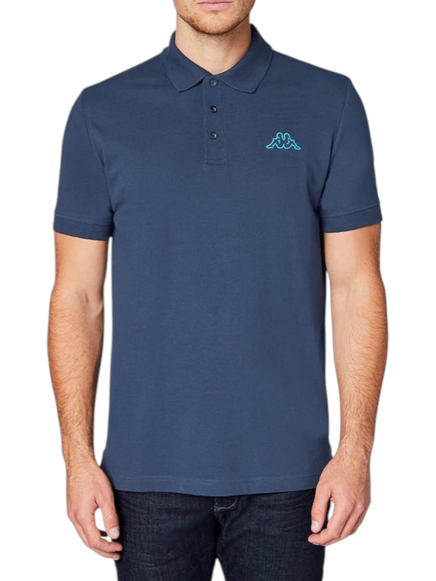 Man wearing a navy blue polo shirt with a logo on a white background. Kappa, Monza Outlet, Monza Fashion, Shein Outlet
