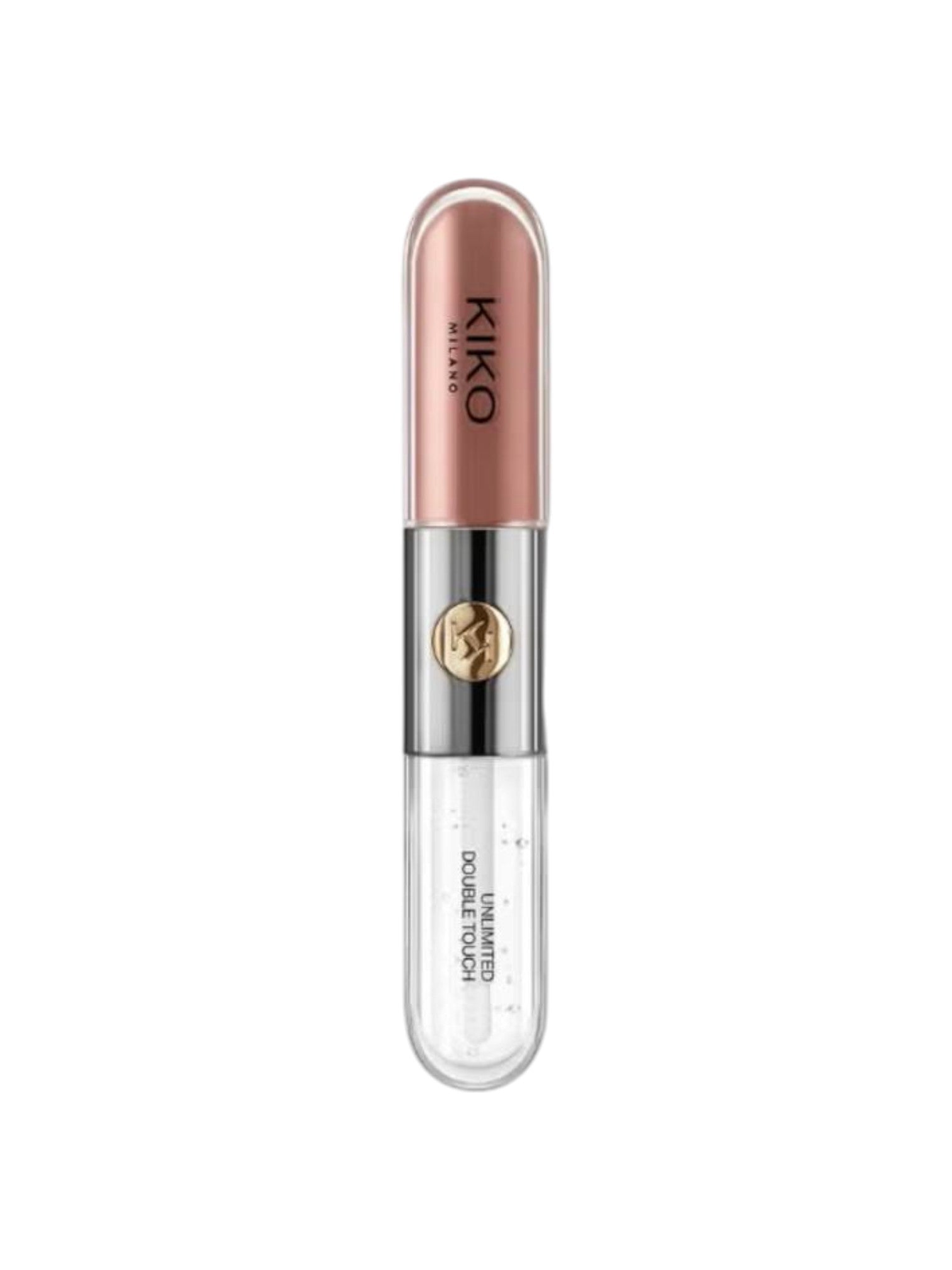 Kiko Milano lip gloss with rose gold cap on a white background. Kiko Milano, Monza Outlet, Monza Fashion, Shein Outlet