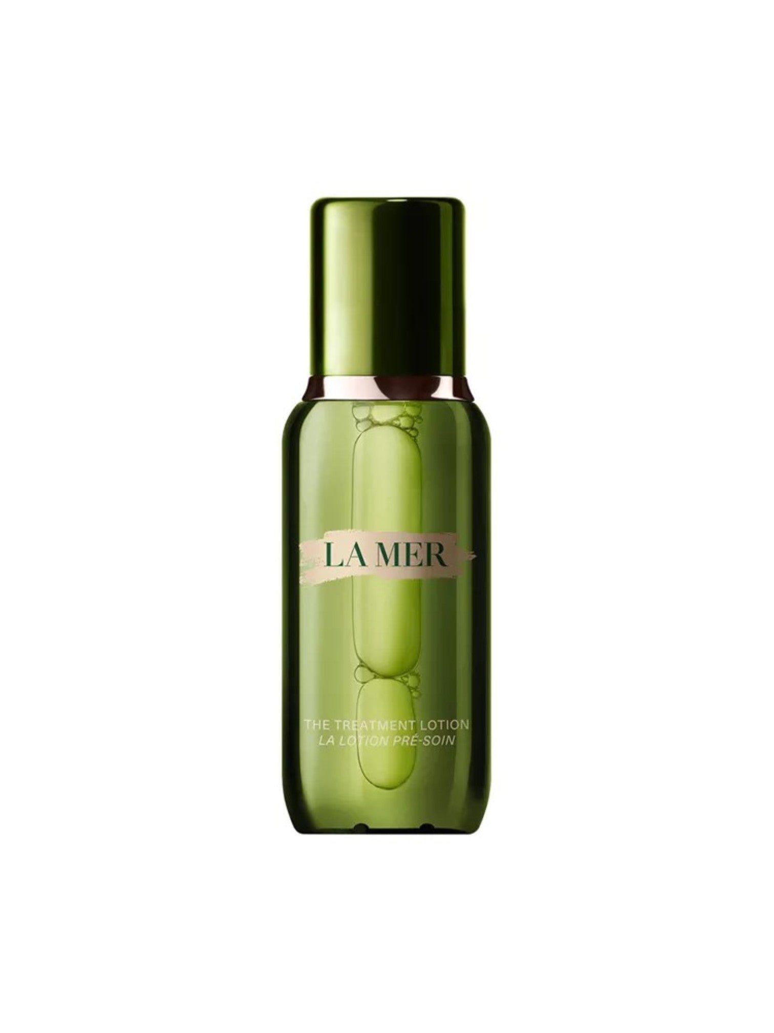 Green bottle of La Mer lotion on a white background. Lamer, Monza Outlet, Monza Fashion, Shein Outlet