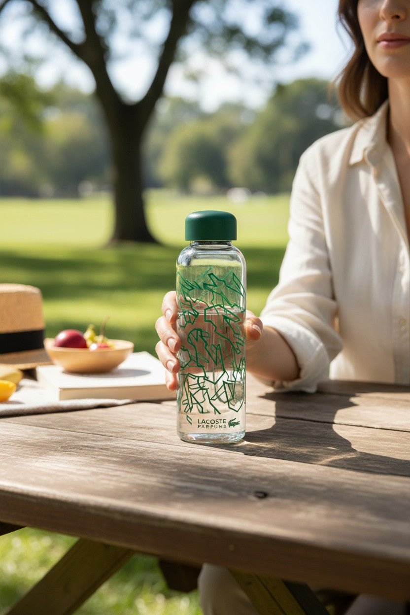 Person holding a clear bottle with green lid outdoors at a picnic table. Lacoste, Monza Outlet, Monza Fashion, Shein Outlet