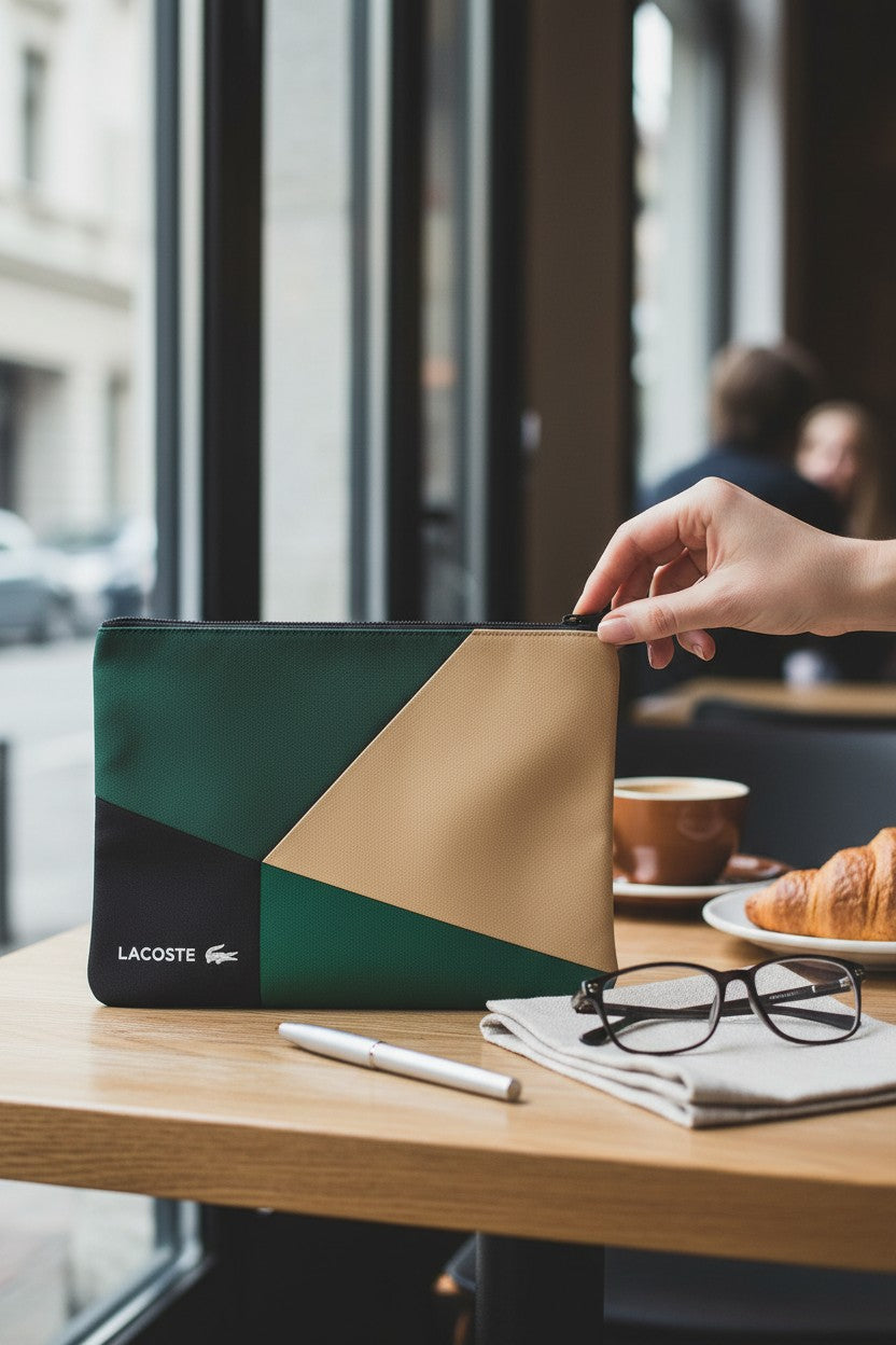 Person holding a Lacoste laptop case on a cafe table with a cup of coffee and croissant. Lacoste, Monza Outlet, Monza Fashion, Shein Outlet