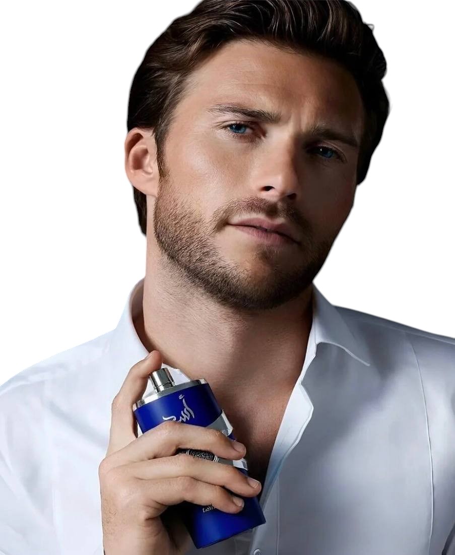 Man holding a blue and silver deodorant can against a white background. Lattafa, Monza Outlet, Monza Fashion, Shein Outlet