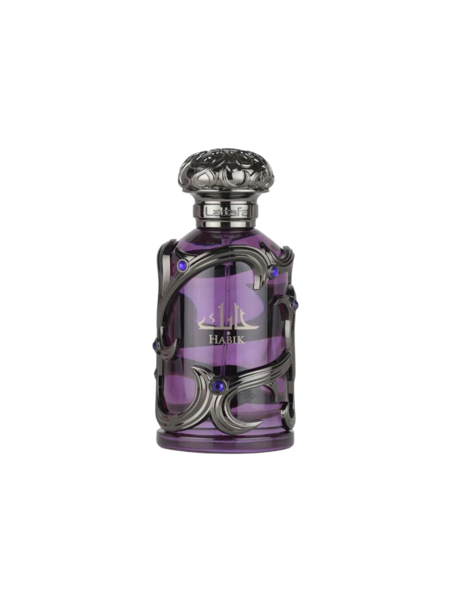 Purple perfume bottle with silver cap on a white background. Lattafa, Monza Outlet, Monza Fashion, Shein Outlet