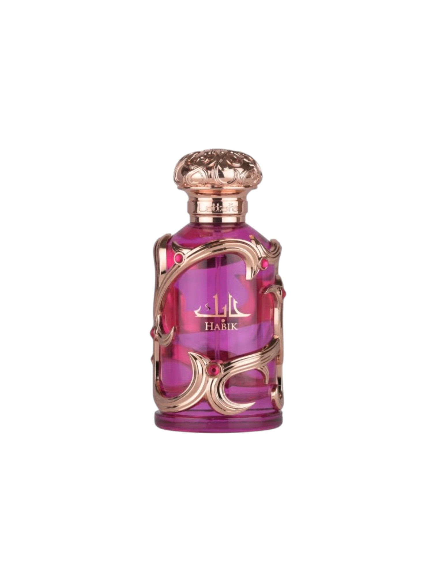 Perfume bottle with gold cap and purple body on a white background. Lattafa, Monza Outlet, Monza Fashion, Shein Outlet